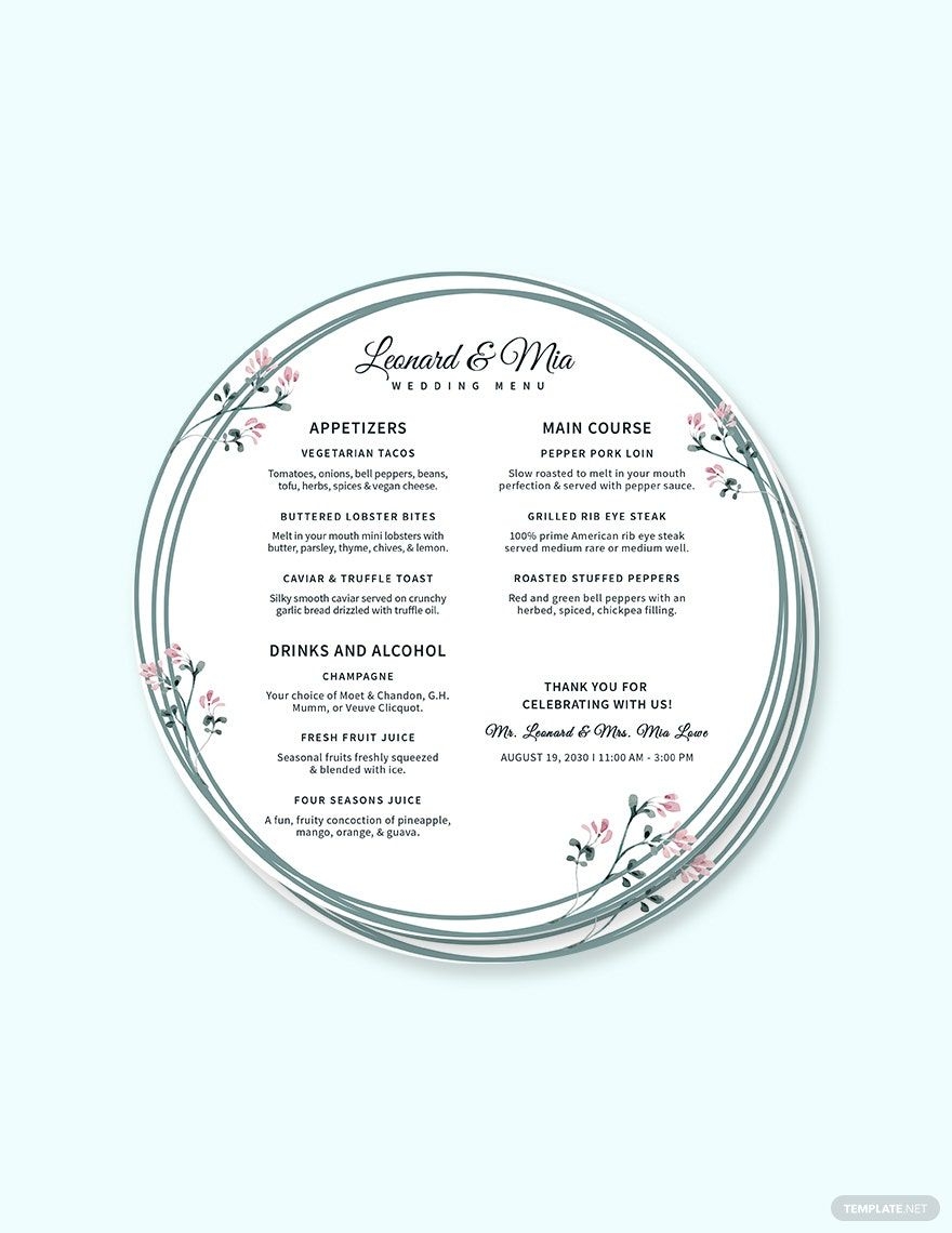 Round Wedding Menu Template In PSD Illustrator Pages Publisher 