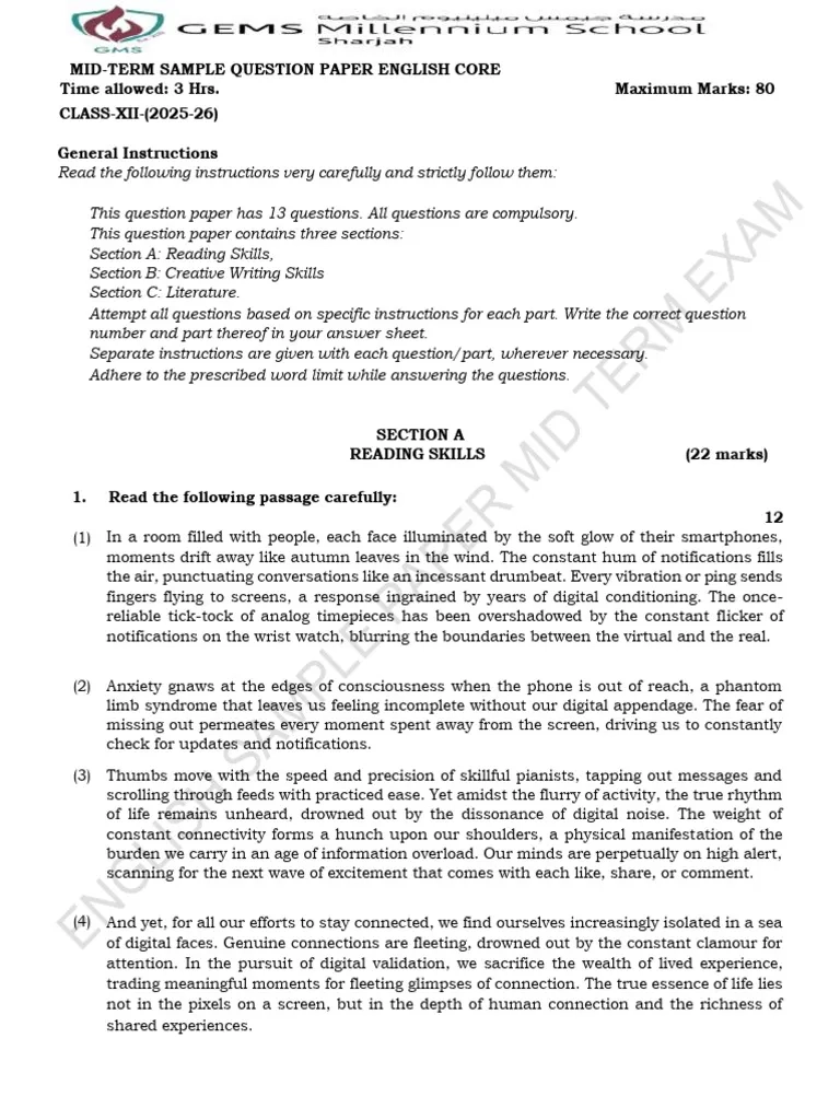 Sample Paper Mid Term Examination Grade 12 2025 2026 New PDF 