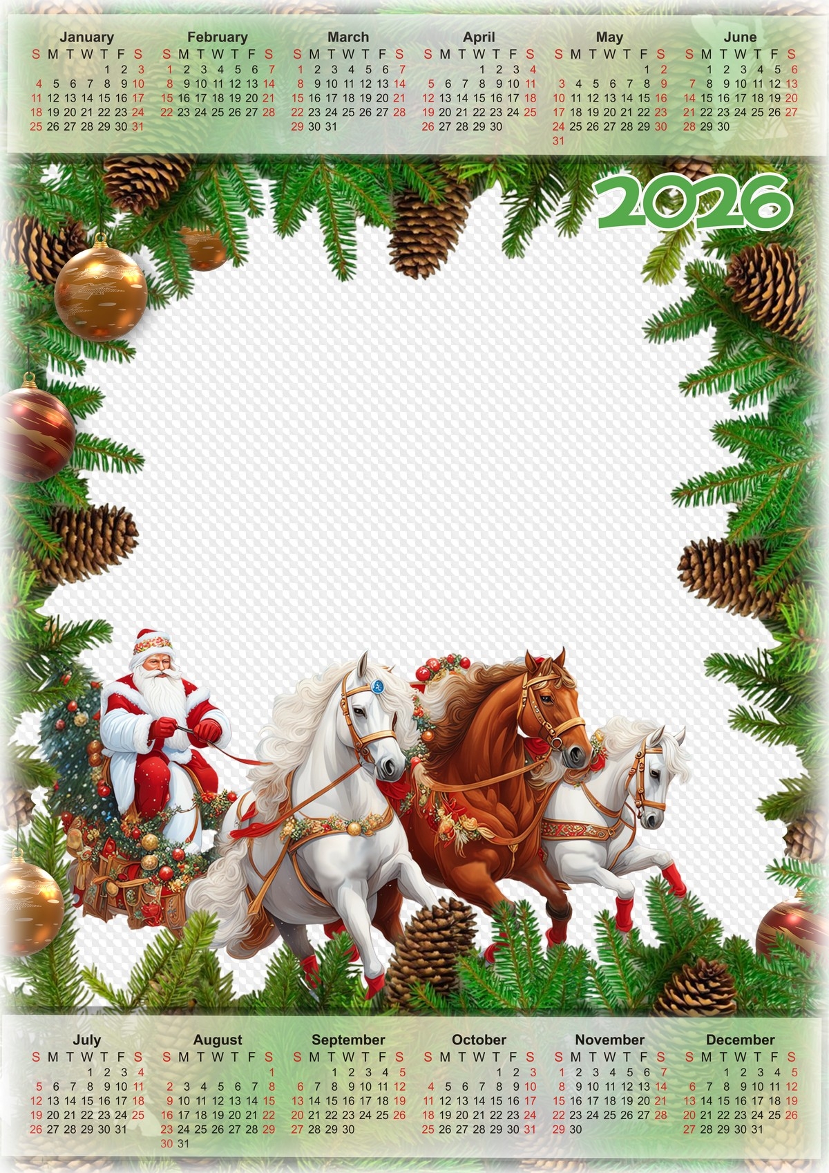 Santa Claus On A Troika 2026 Calendar JPG PNG Free Download