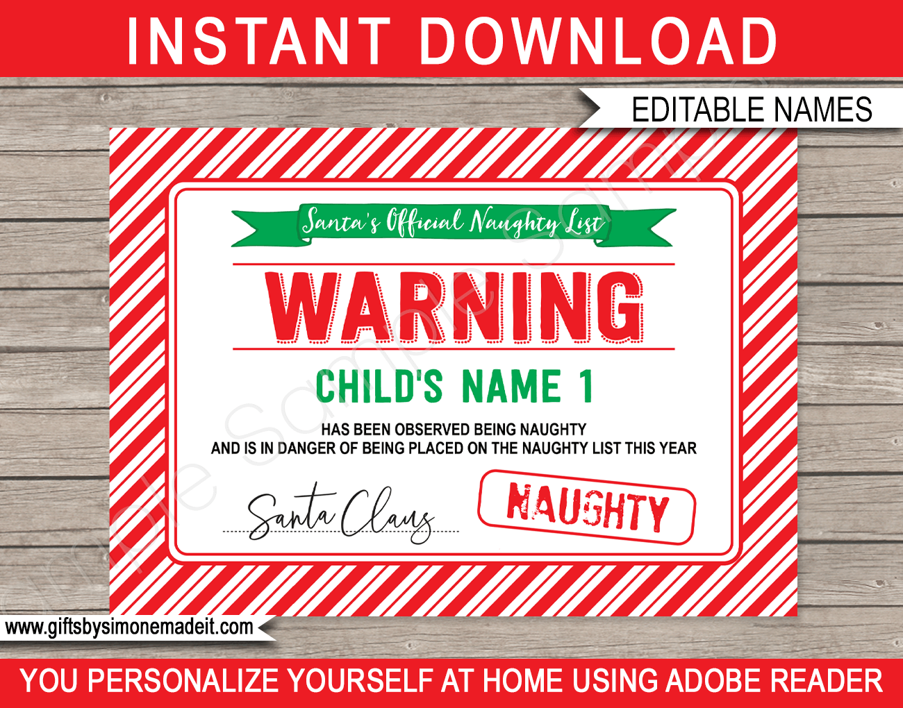 Santa s Official Naughty List Warning Certificate Red amp Green