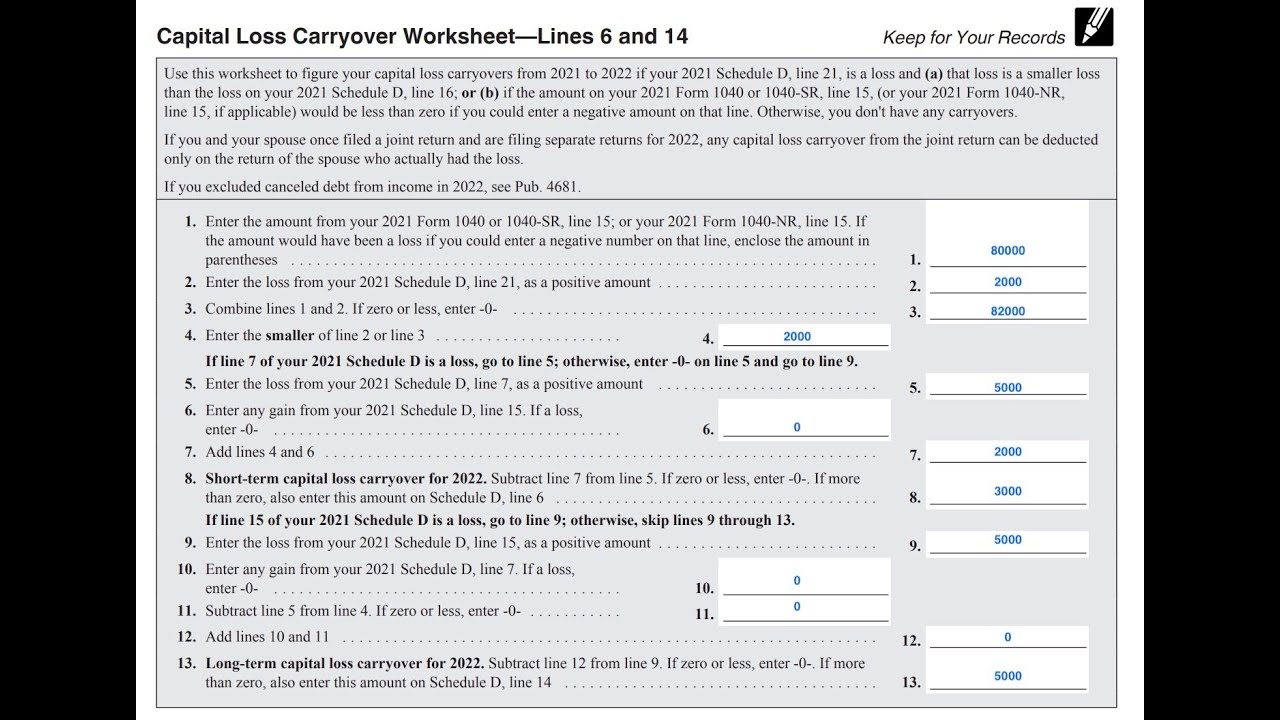 Schedule D Capital Loss Carryover Worksheet Walkthrough Lines 6 amp 14 