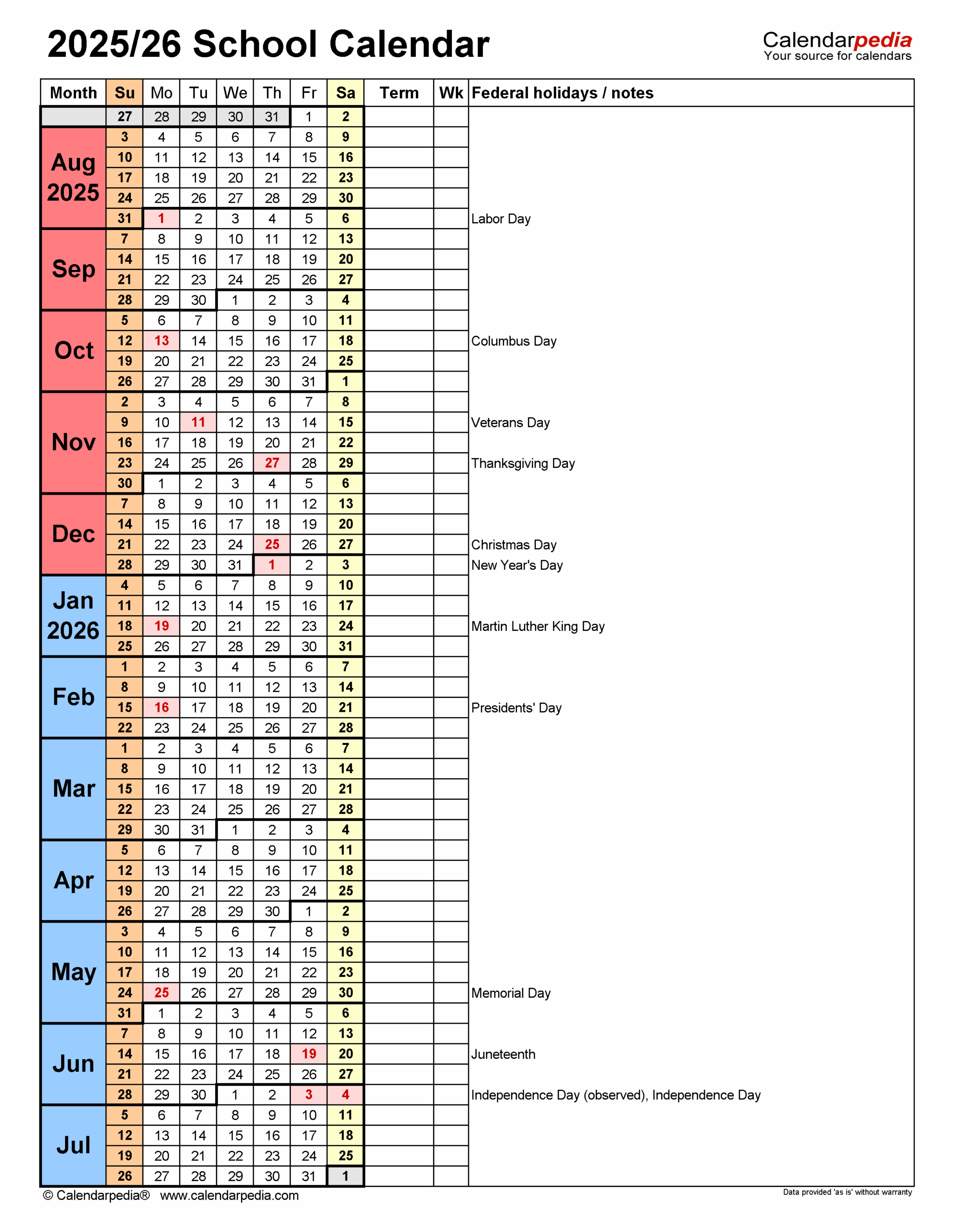 School Calendar Template 2026-26