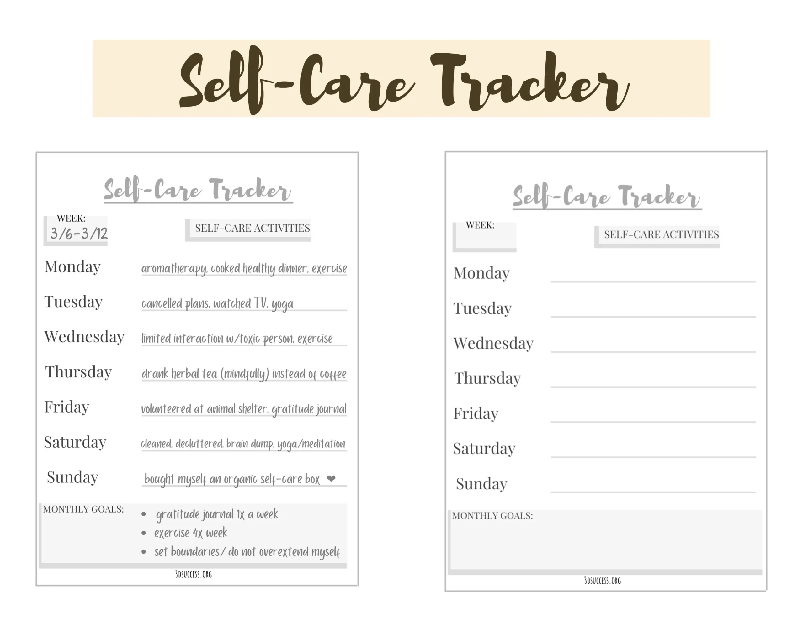 Self Care Planner Printable Stress Tracker Gratitude Journal 
