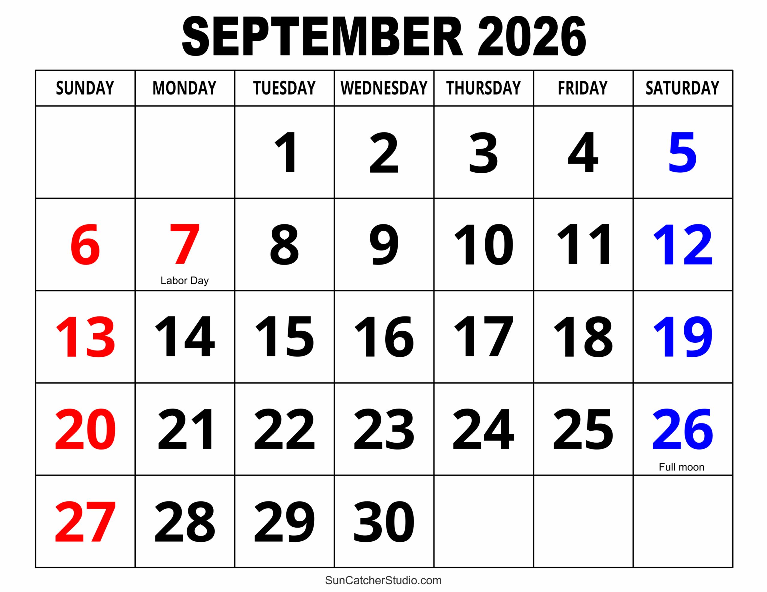 Free Printable Blank September 2026 Calendar