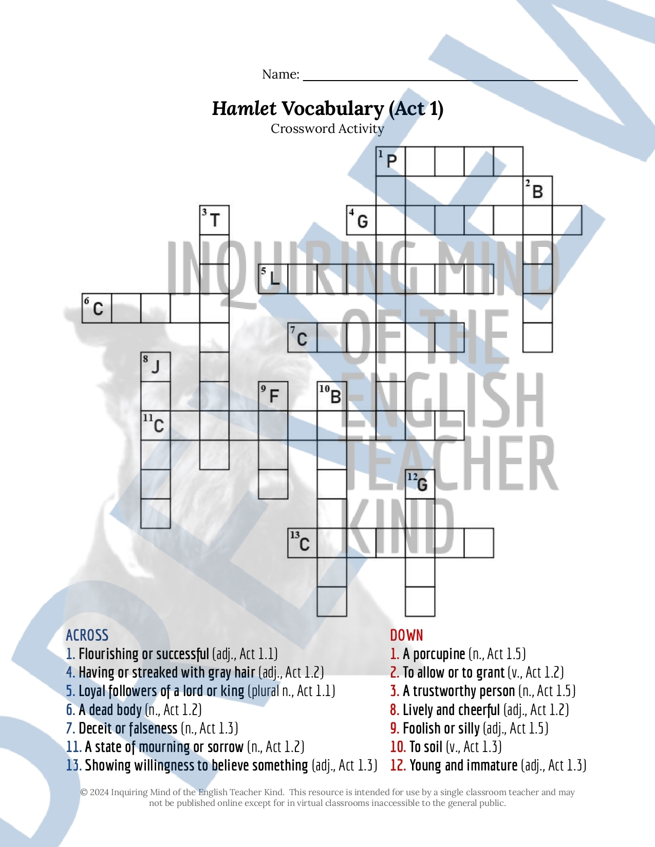 Shakespeare s Hamlet Vocabulary Games Act 1 Teaching Resources