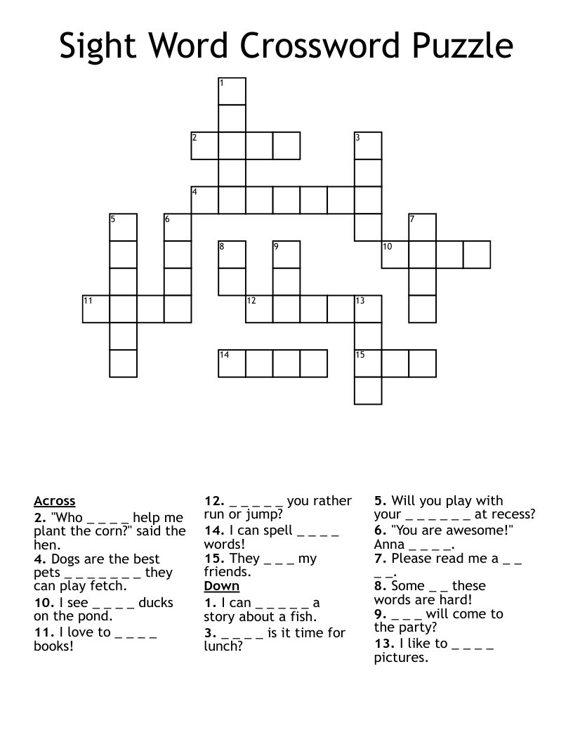Sight Word Crossword Puzzle WordMint