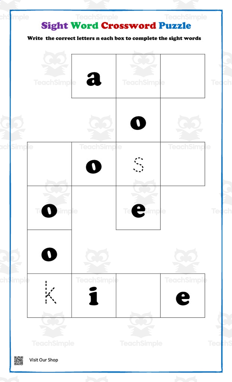 Sight Word Crossword Puzzle