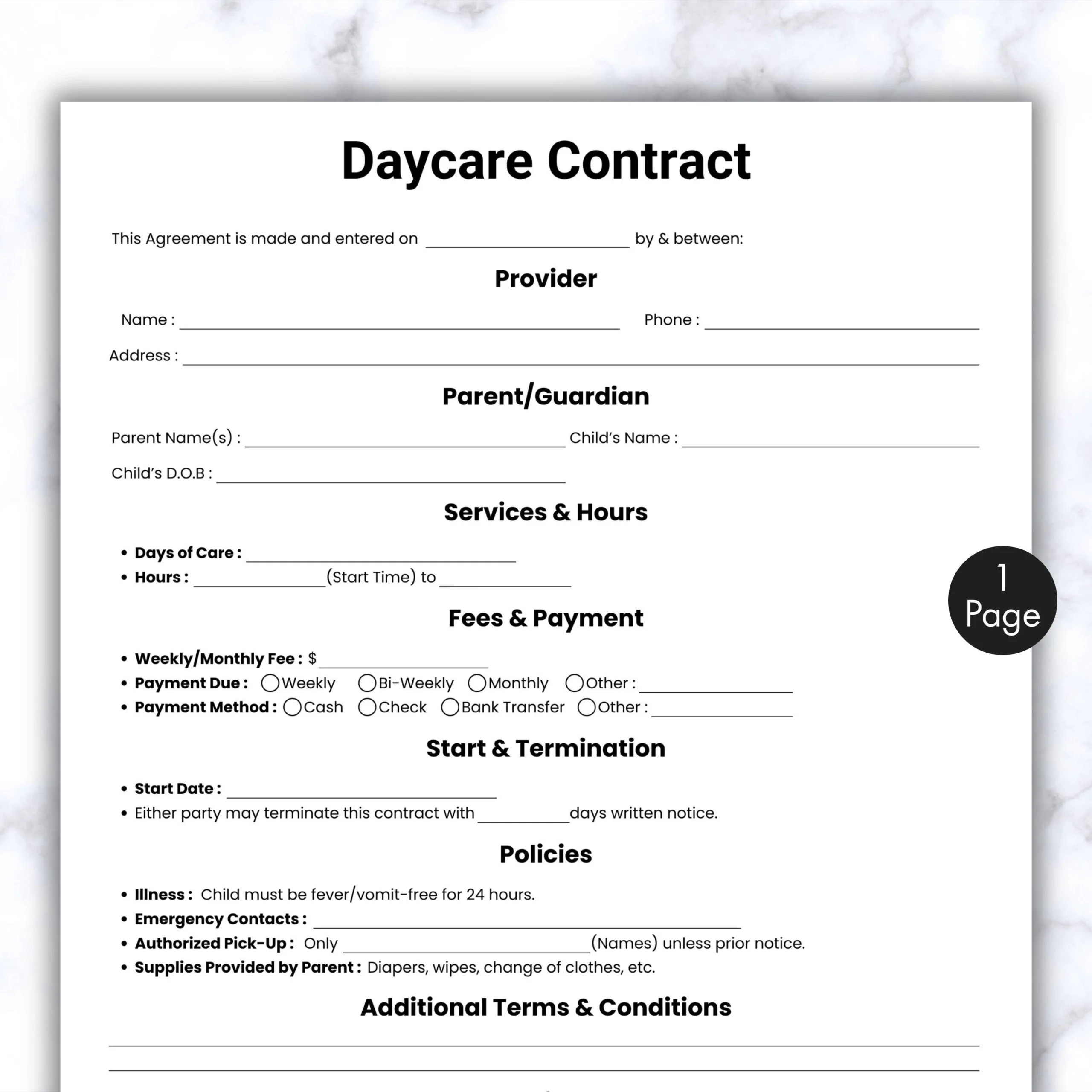 Simple Daycare Contract Template One Page Daycare Forms 