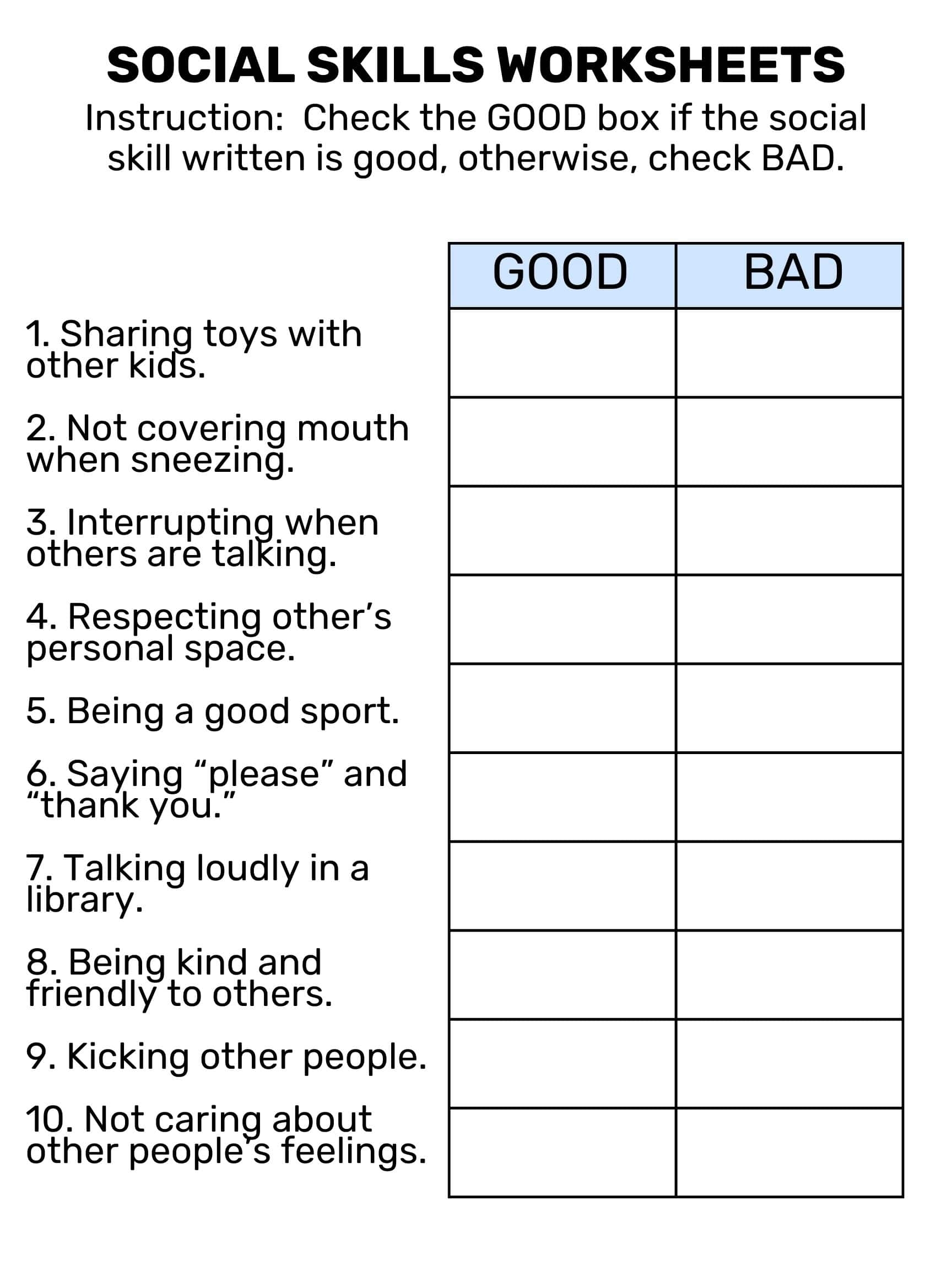 Free Printable Personal Space Worksheets