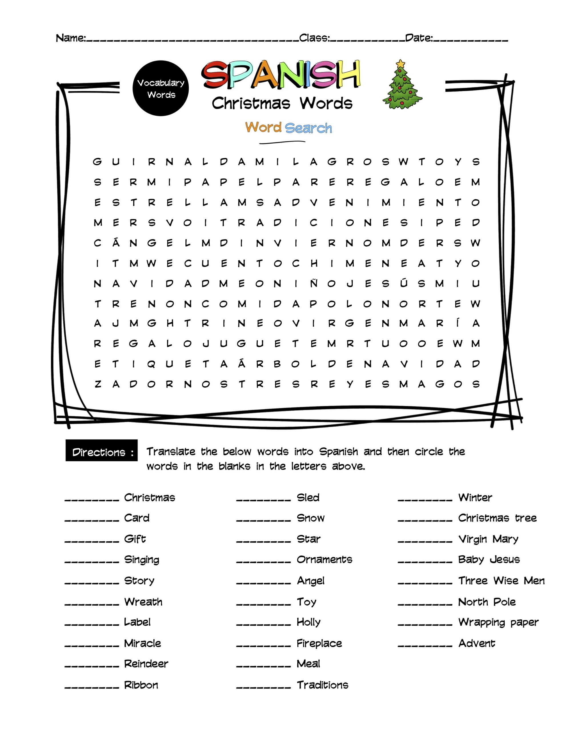 Spanish Christmas Vocabulary Word Search amp Answer Key Made By 