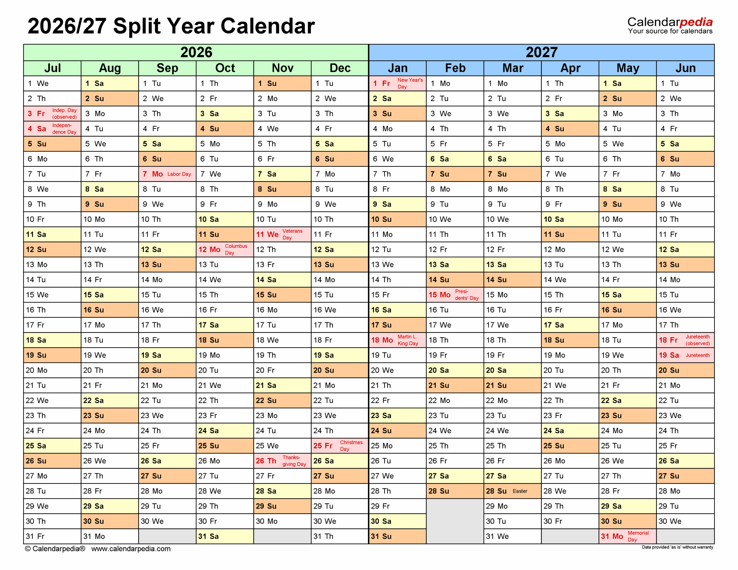 Printable Calendar August 2026 To June 2027
