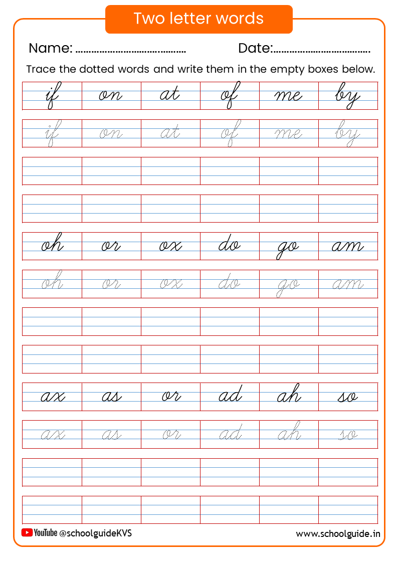 Two Letter Words Cursive Worksheets