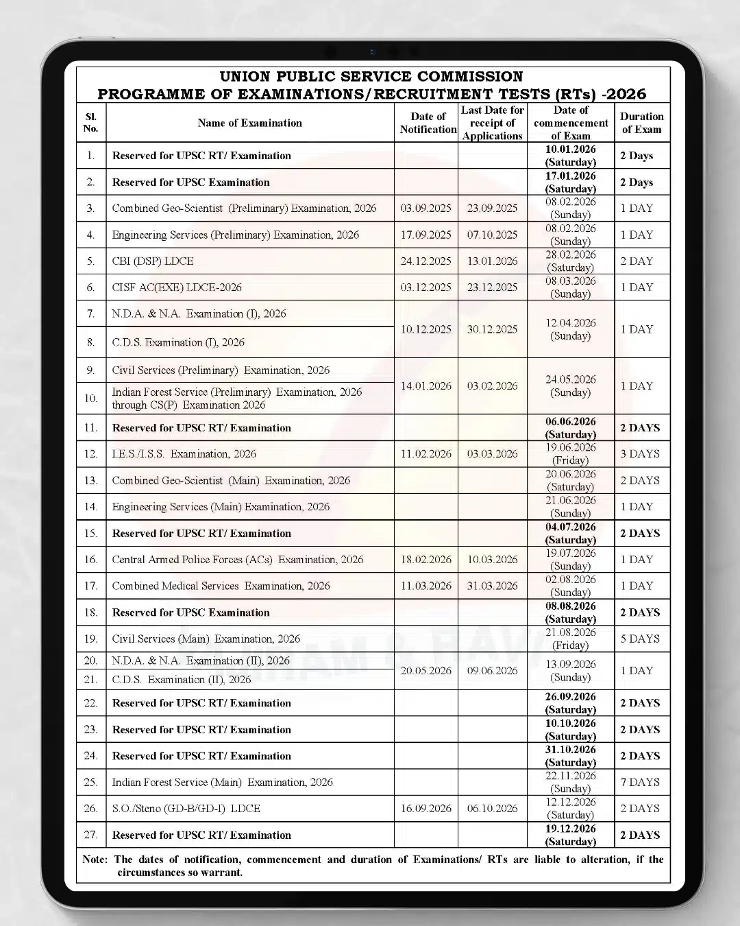 upsc calendar 2026 out check cse exam date download pdf