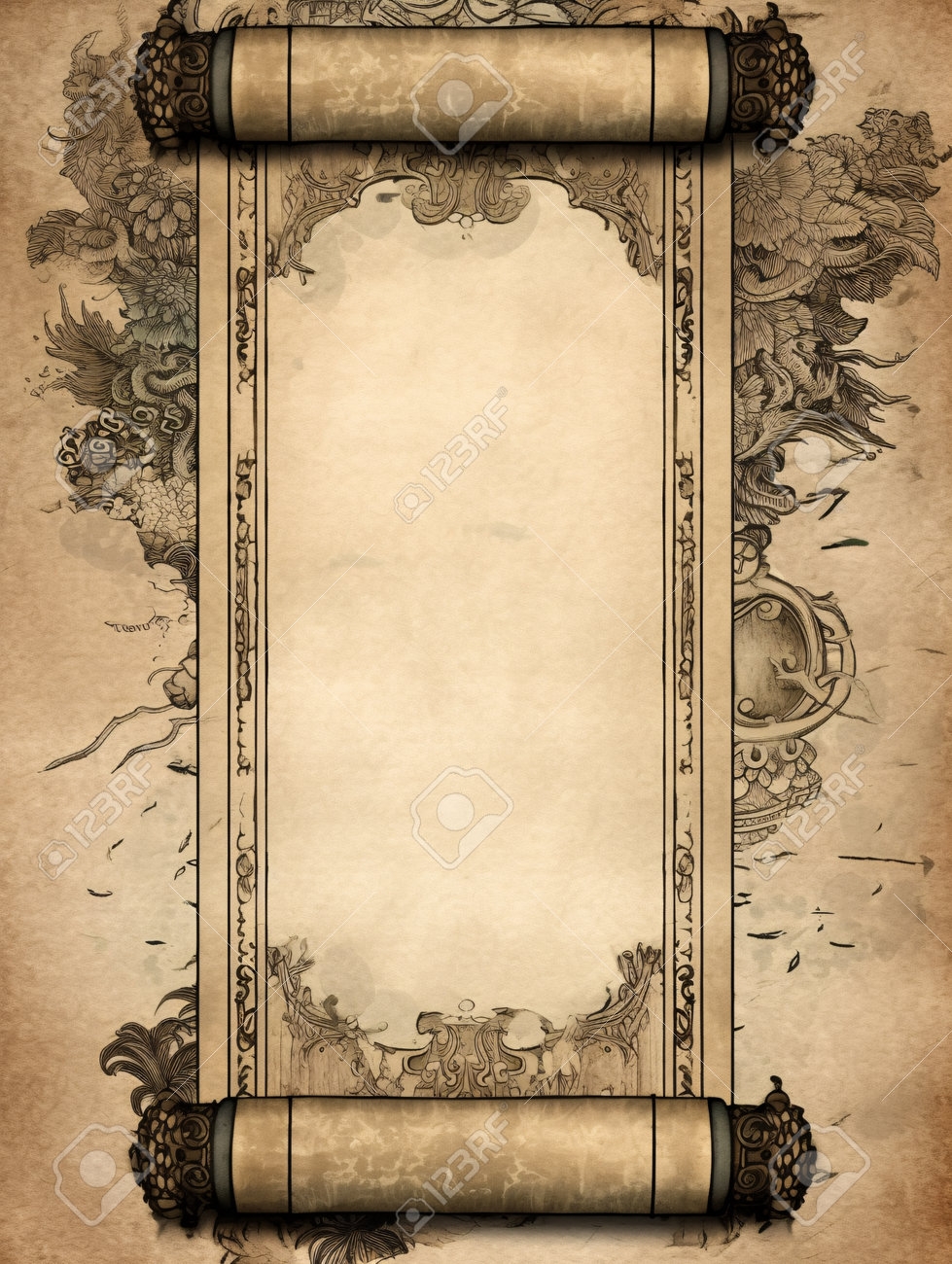 Vintage Scroll On Old Paper Background Template For The Design 