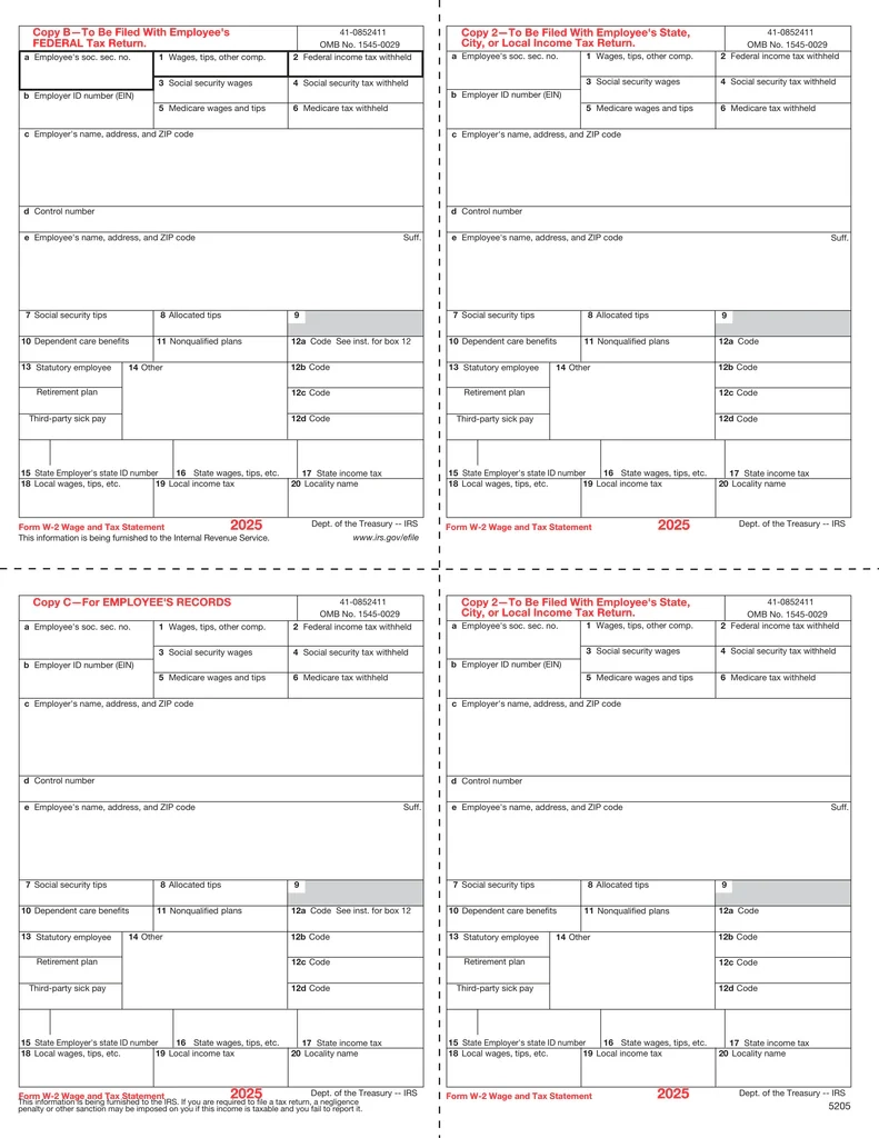 W 2 4 Up Box Employee Copy B C 2 And 2 Or Extra Copy Form 5205 