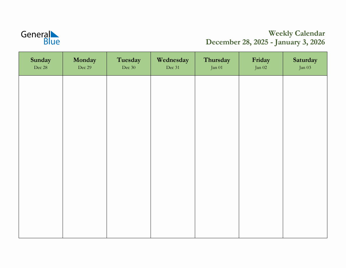 Printable December 2026 Weekly Calendar