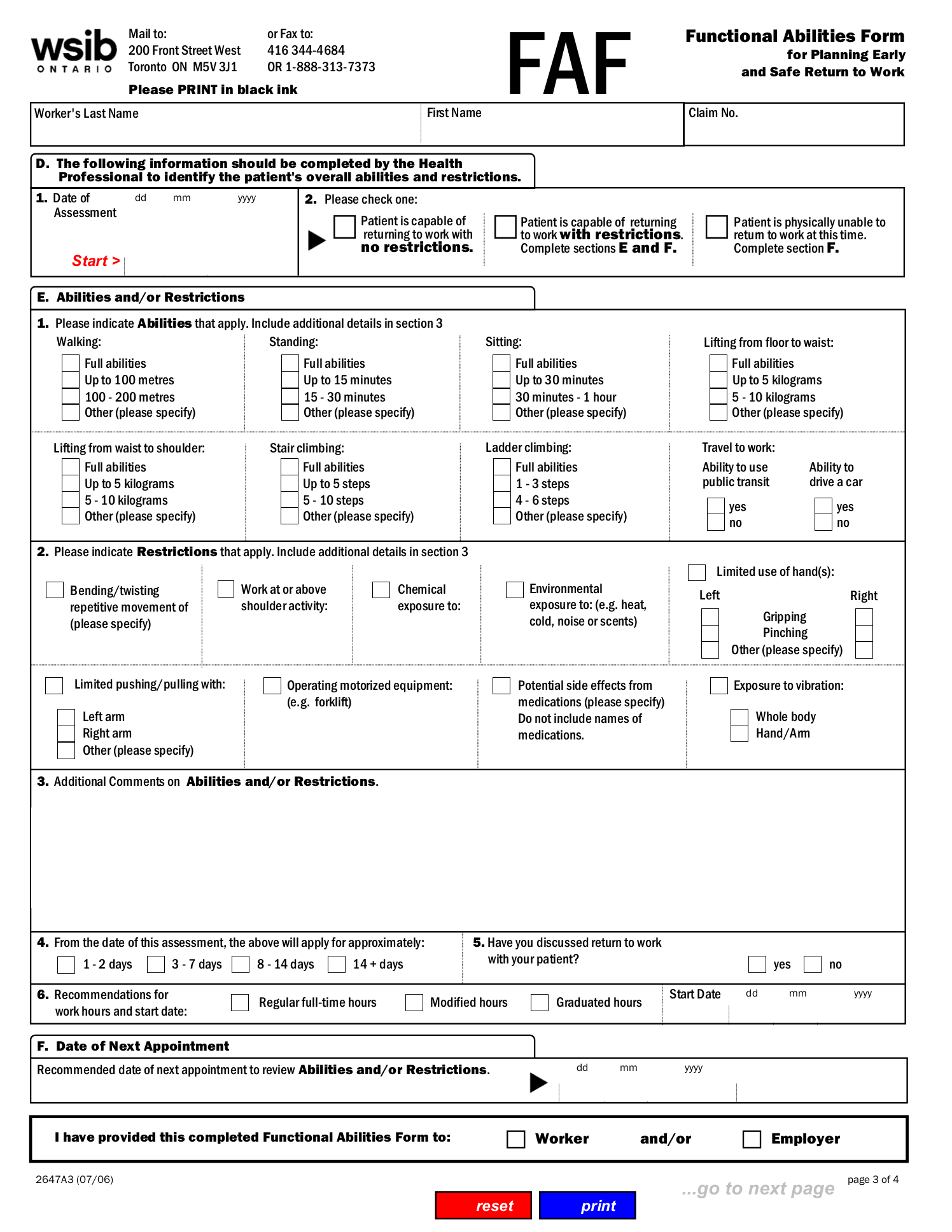 WSIB Ontario FAF Functional Abilities Form For Planning Early And 