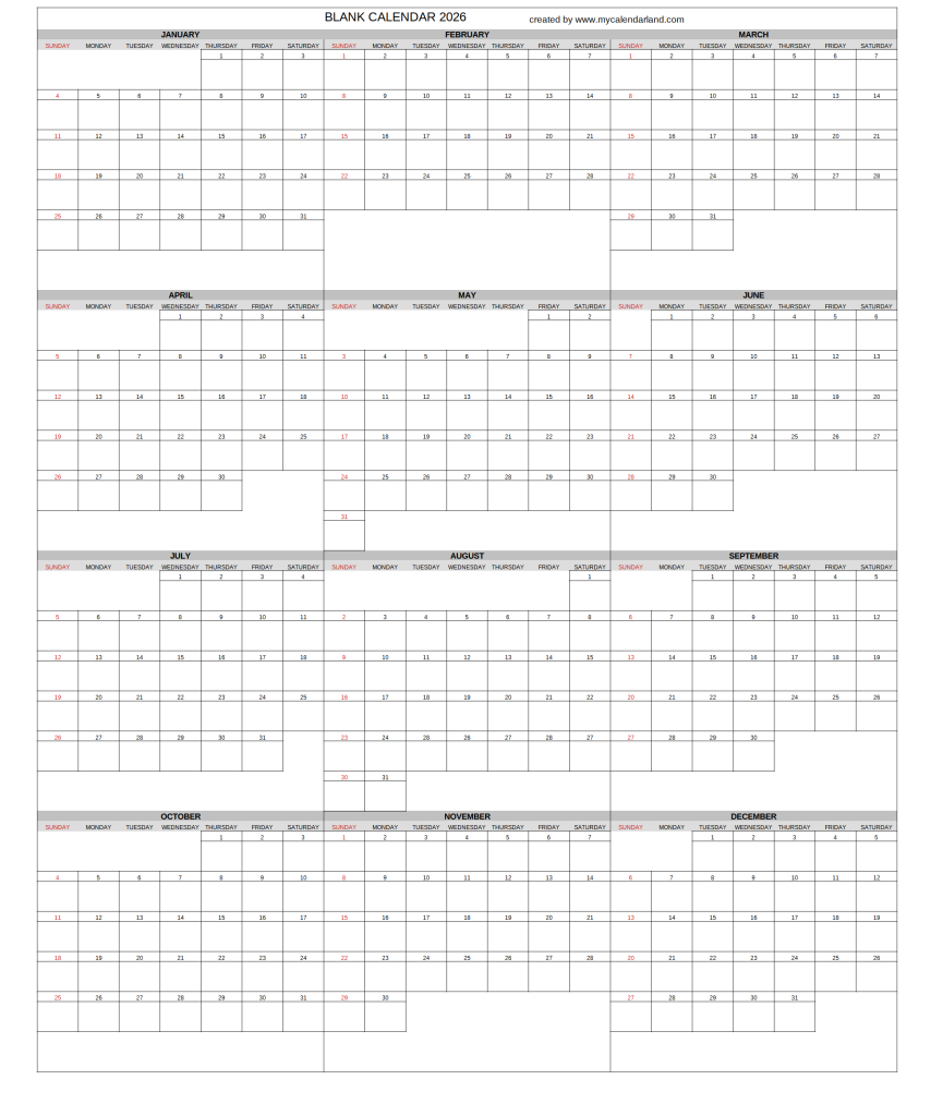 Printable Blank 2026 Year Calendar