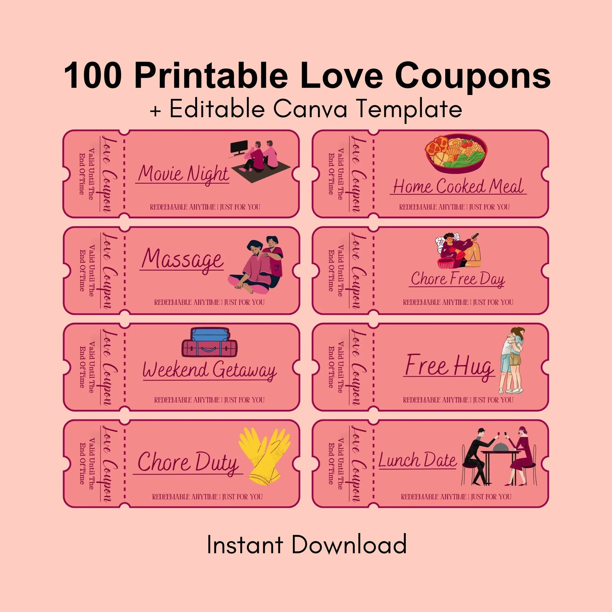 100 Printable Love Coupons For Him And Her Couple Coupons 
