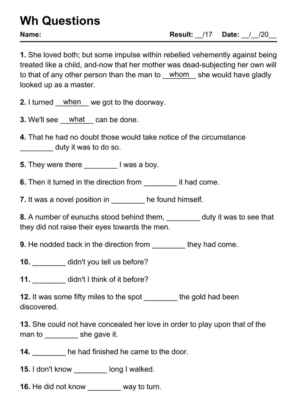 101 Wh Questions PDF Worksheets With Answers 2032 Exercises 