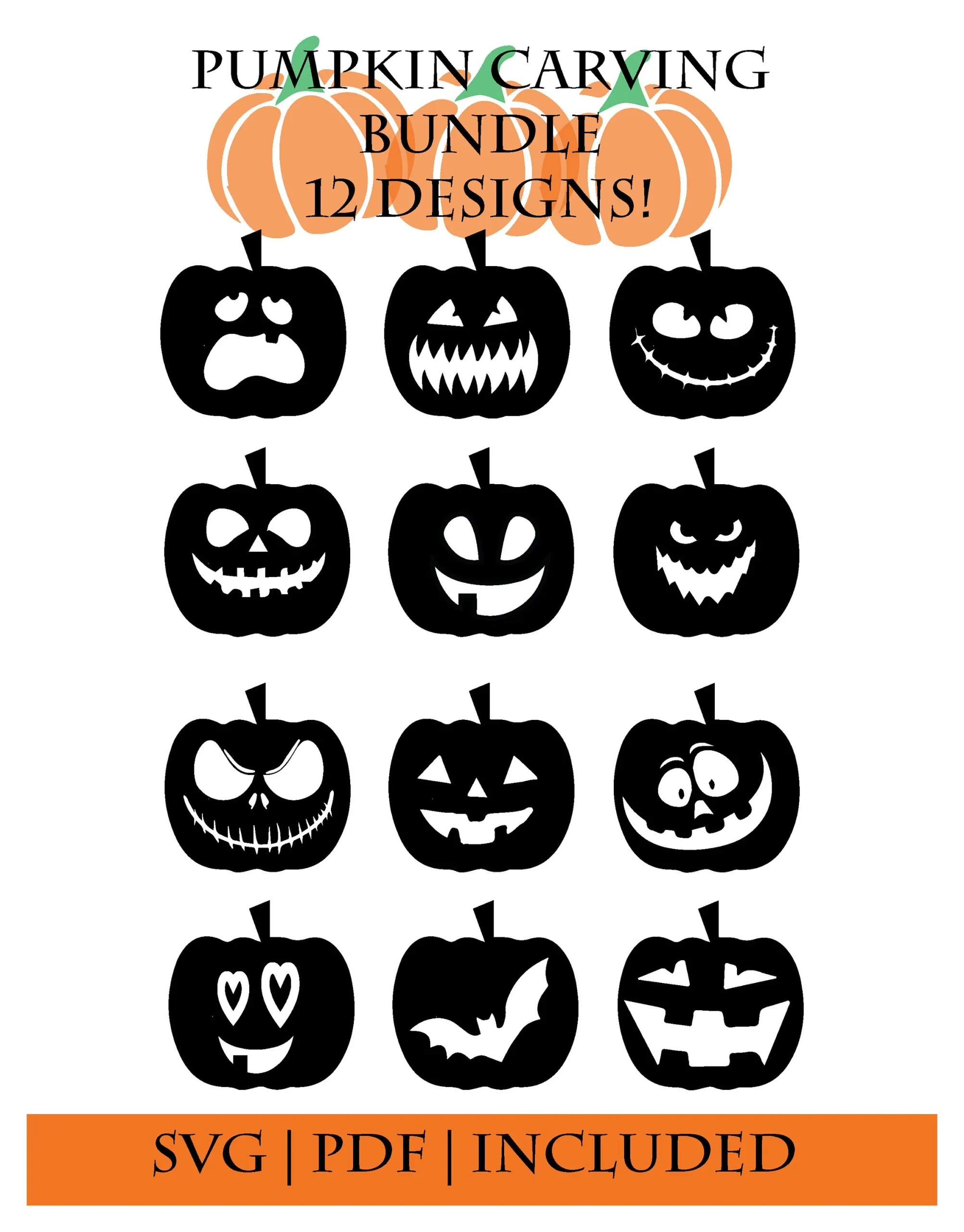 12 Pumpkin Carving Stencils Downloadable Printable With PDF PNG 