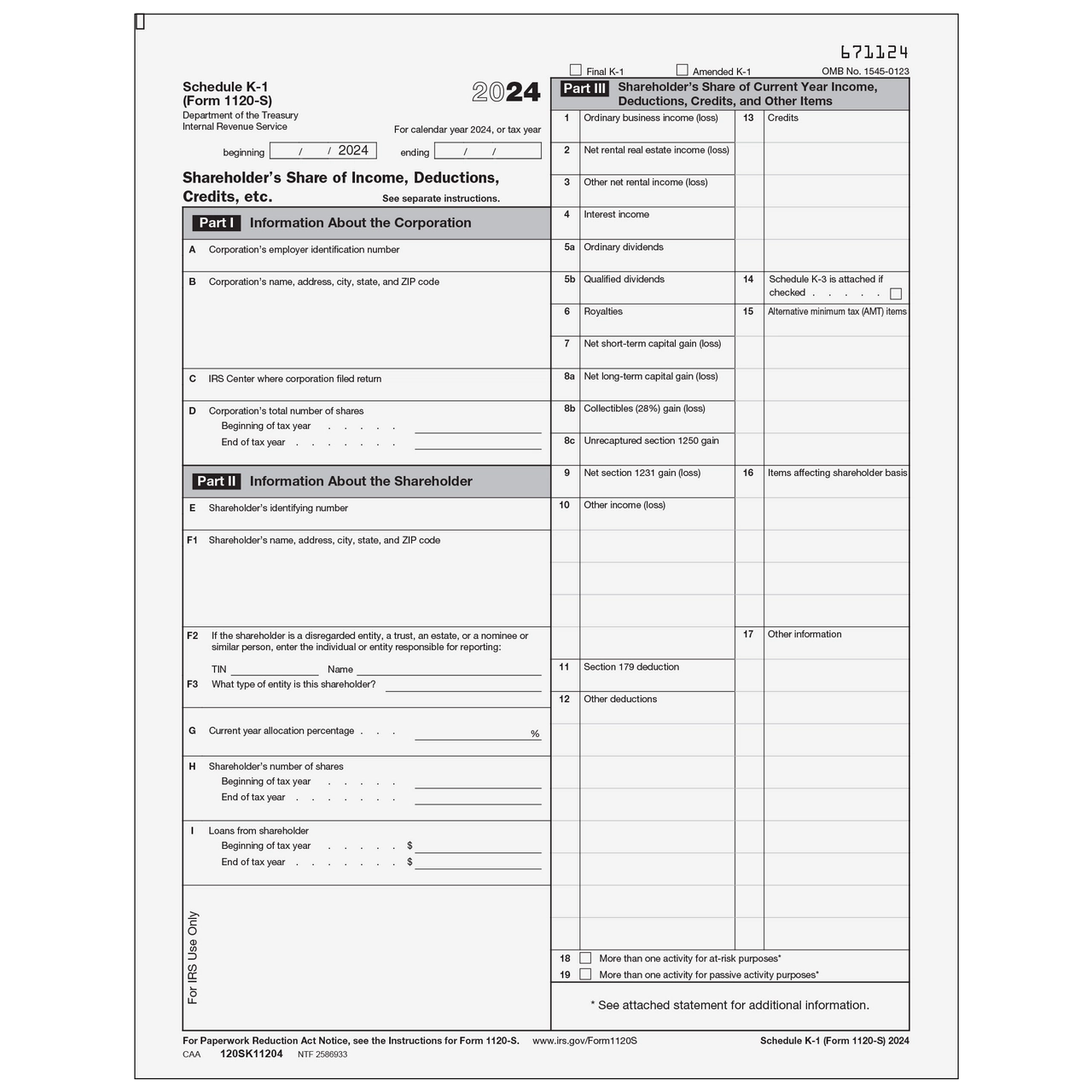 120SK11204 Form 1120 S Schedule K 1 Shareholder s Share Of Income Deductions Credits Etc 