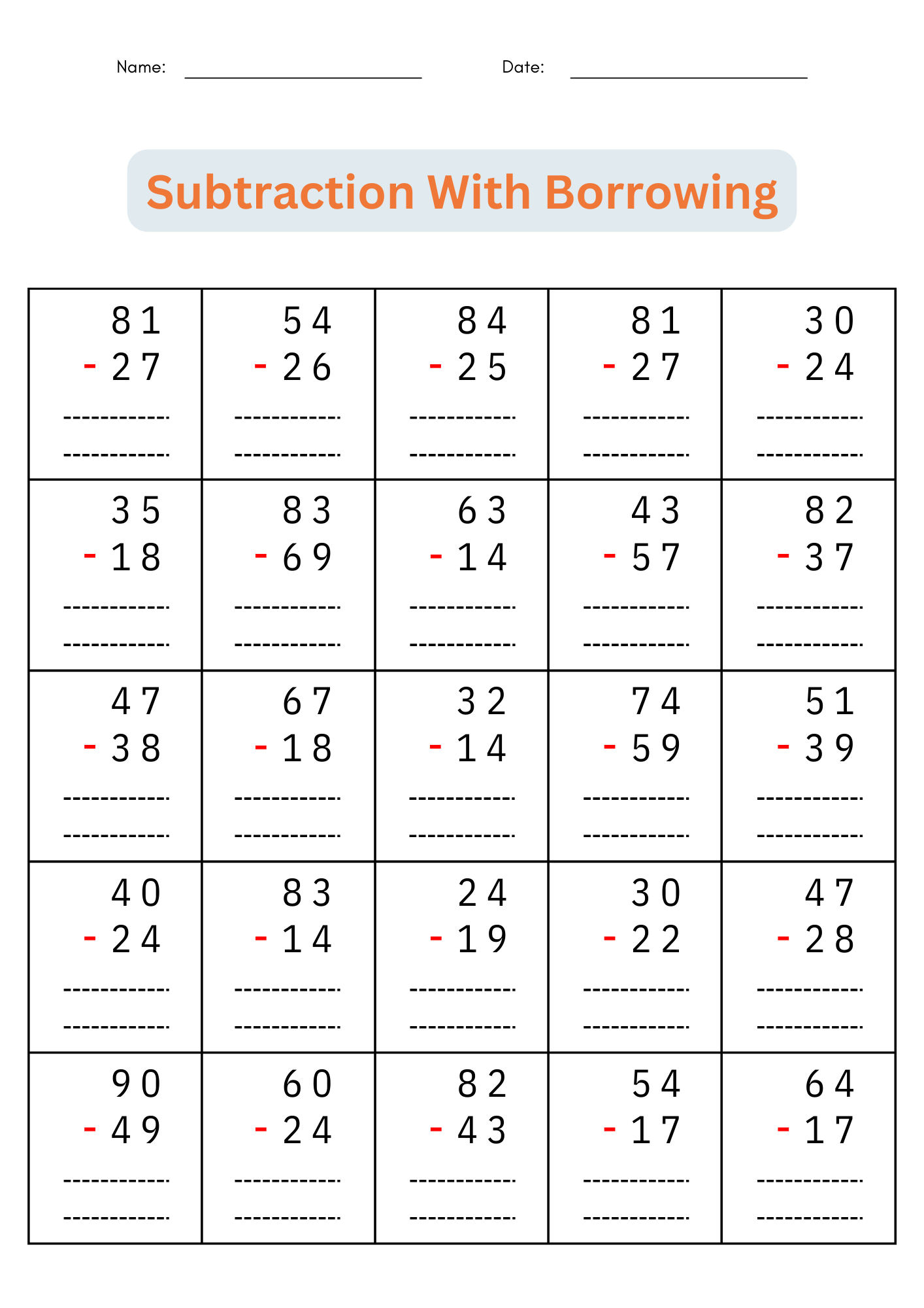 2 Digit Subtraction With Regrouping Number Math Worksheets For 