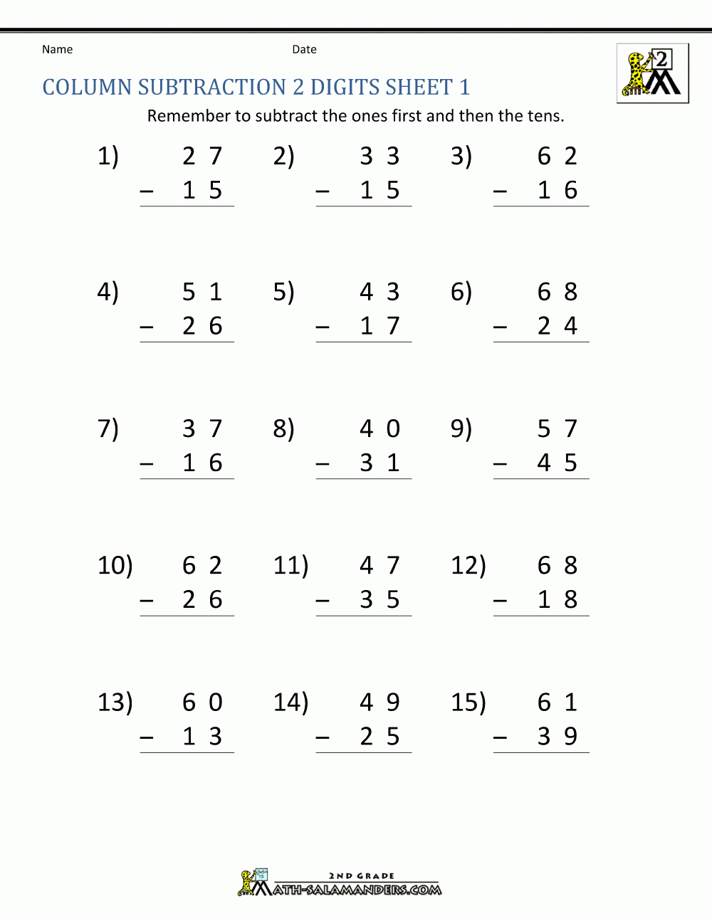 Free Printable Subtraction Worksheets Grade 2