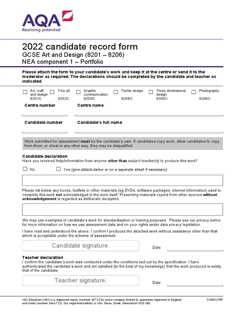 2022 Candidate Record Form GCSE Art And Design 8201 8206 NEA 