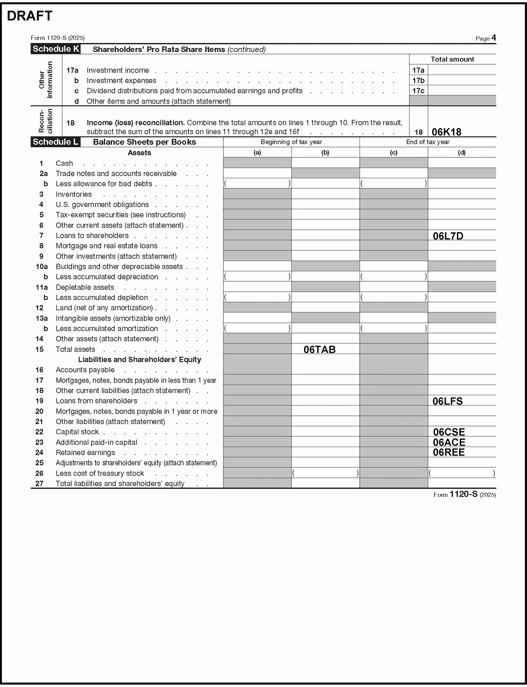 Form 1120s Schedule L Printable