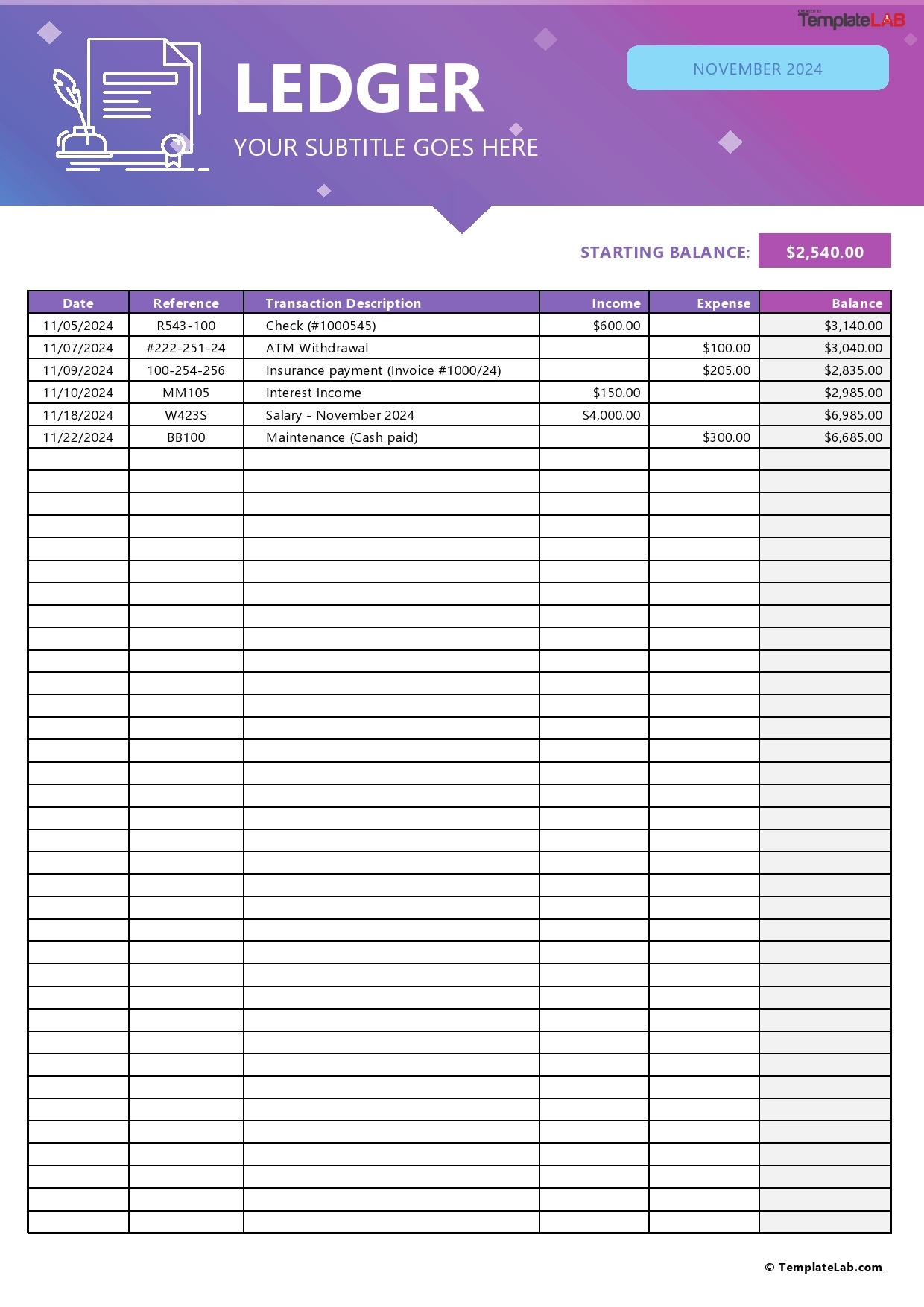 Printable General Ledger Template