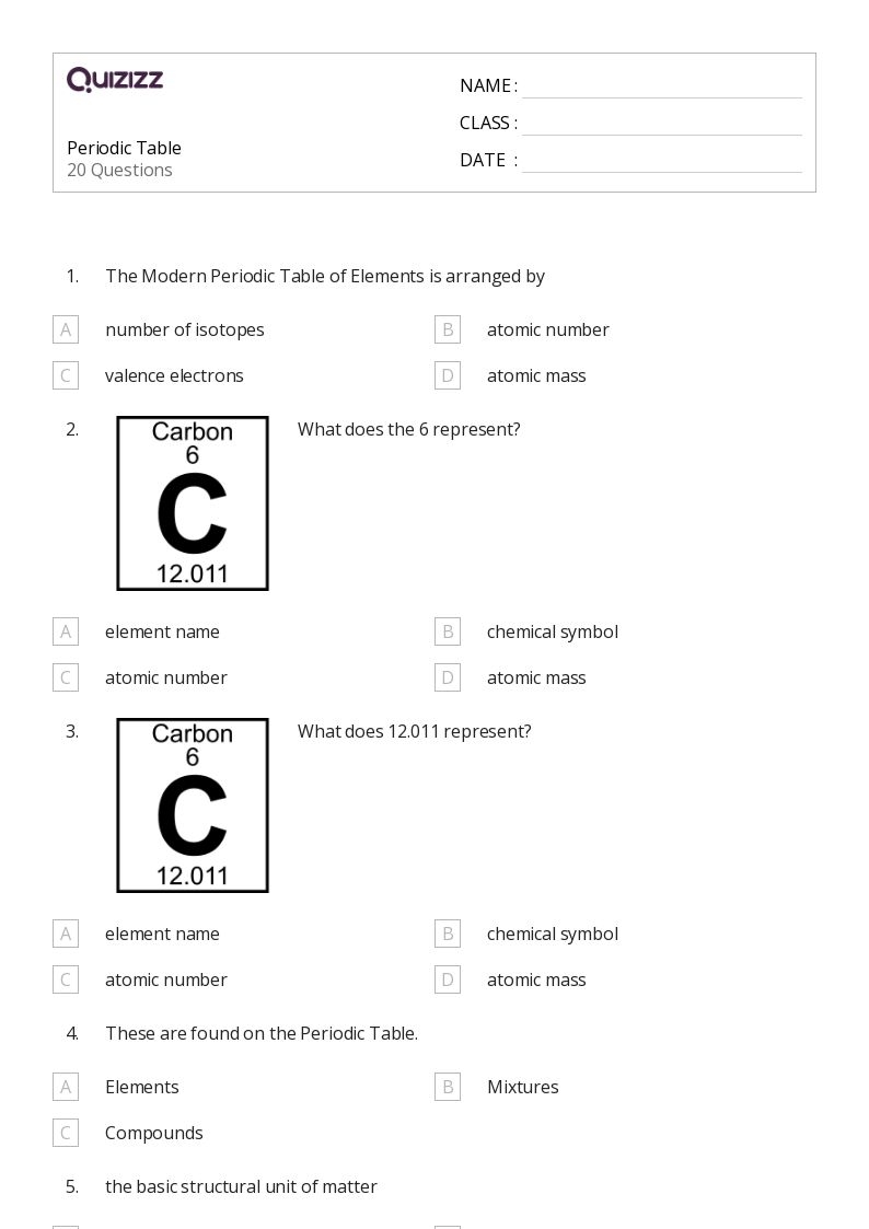 Periodic Table Quiz Printable