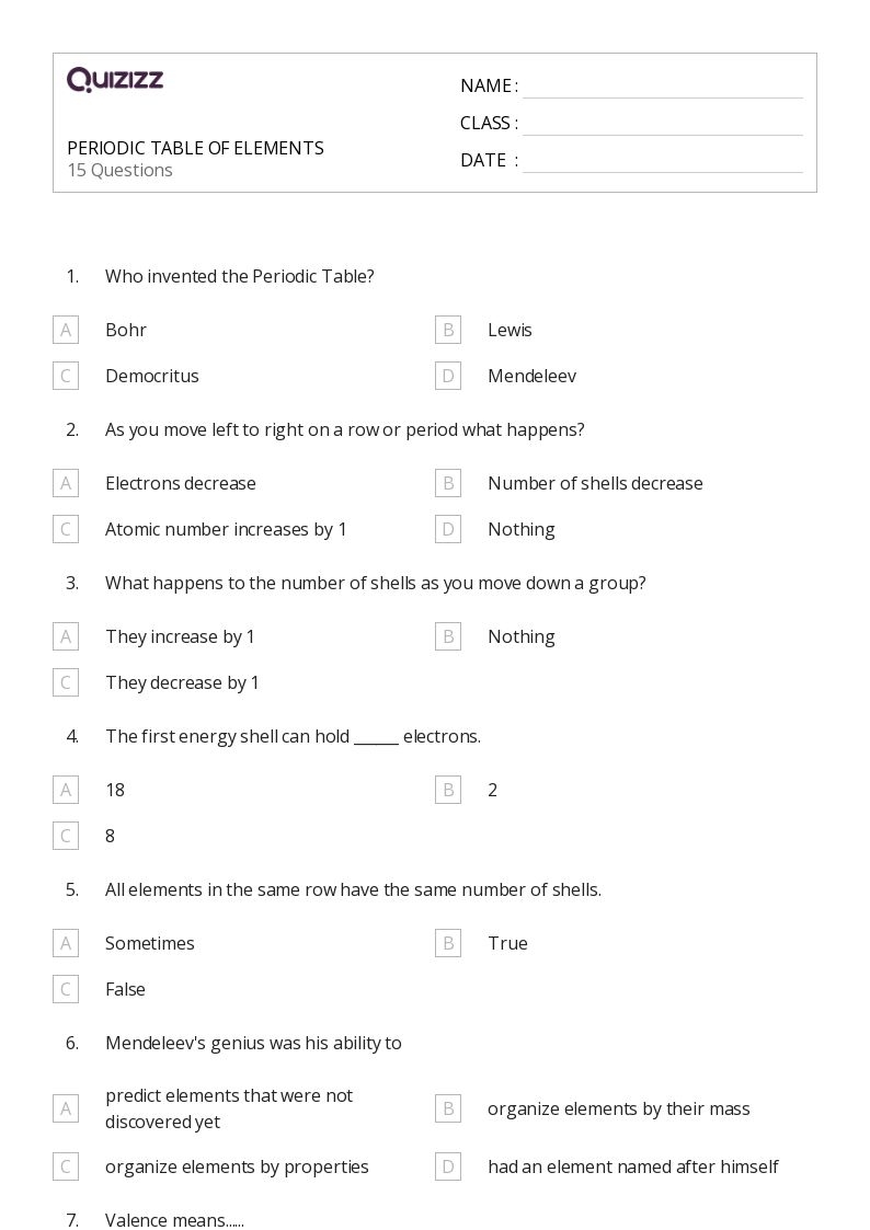 50 Periodic Table Worksheets On Quizizz Free amp Printable