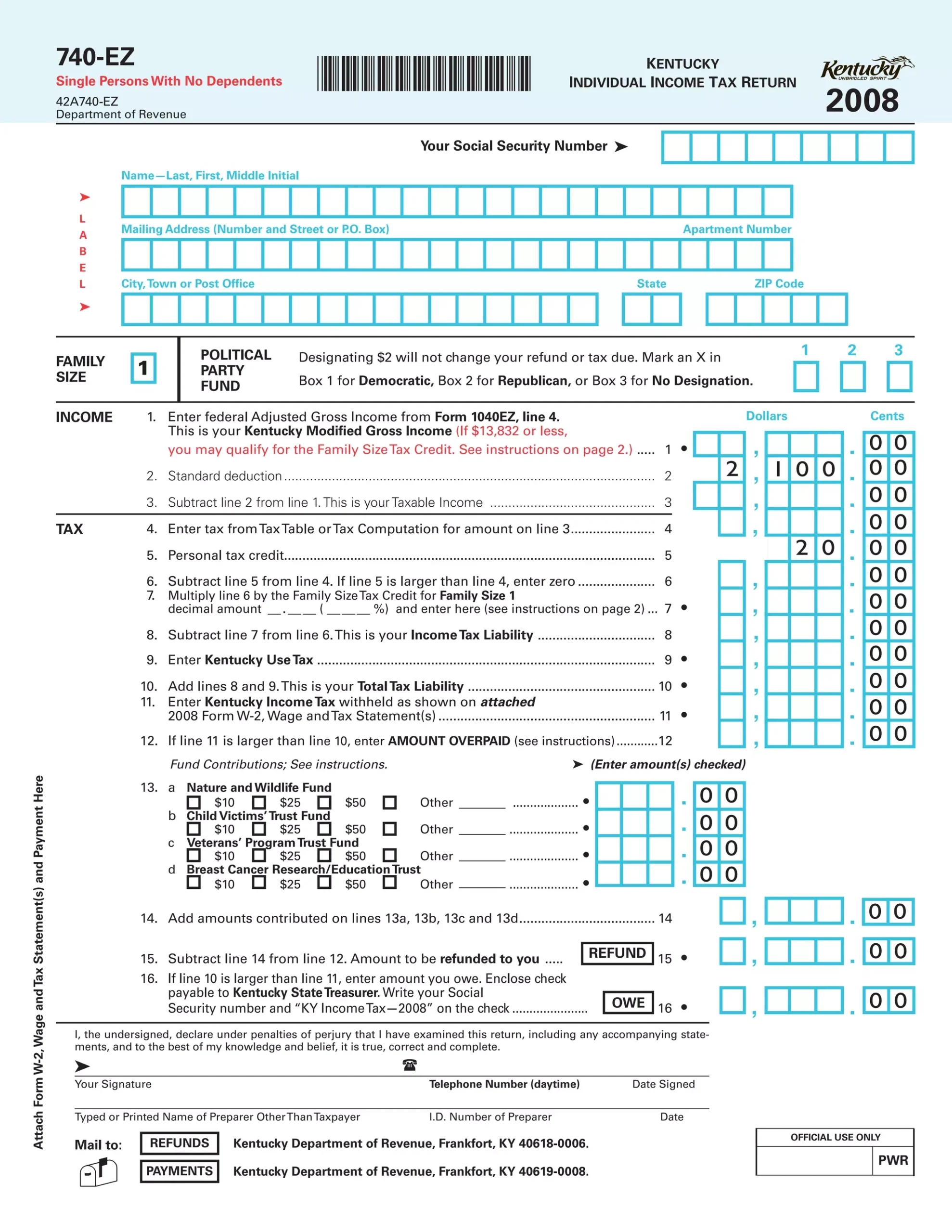 740 EZ 2008 Kentucky Individual Income Tax Return Form 42A740 