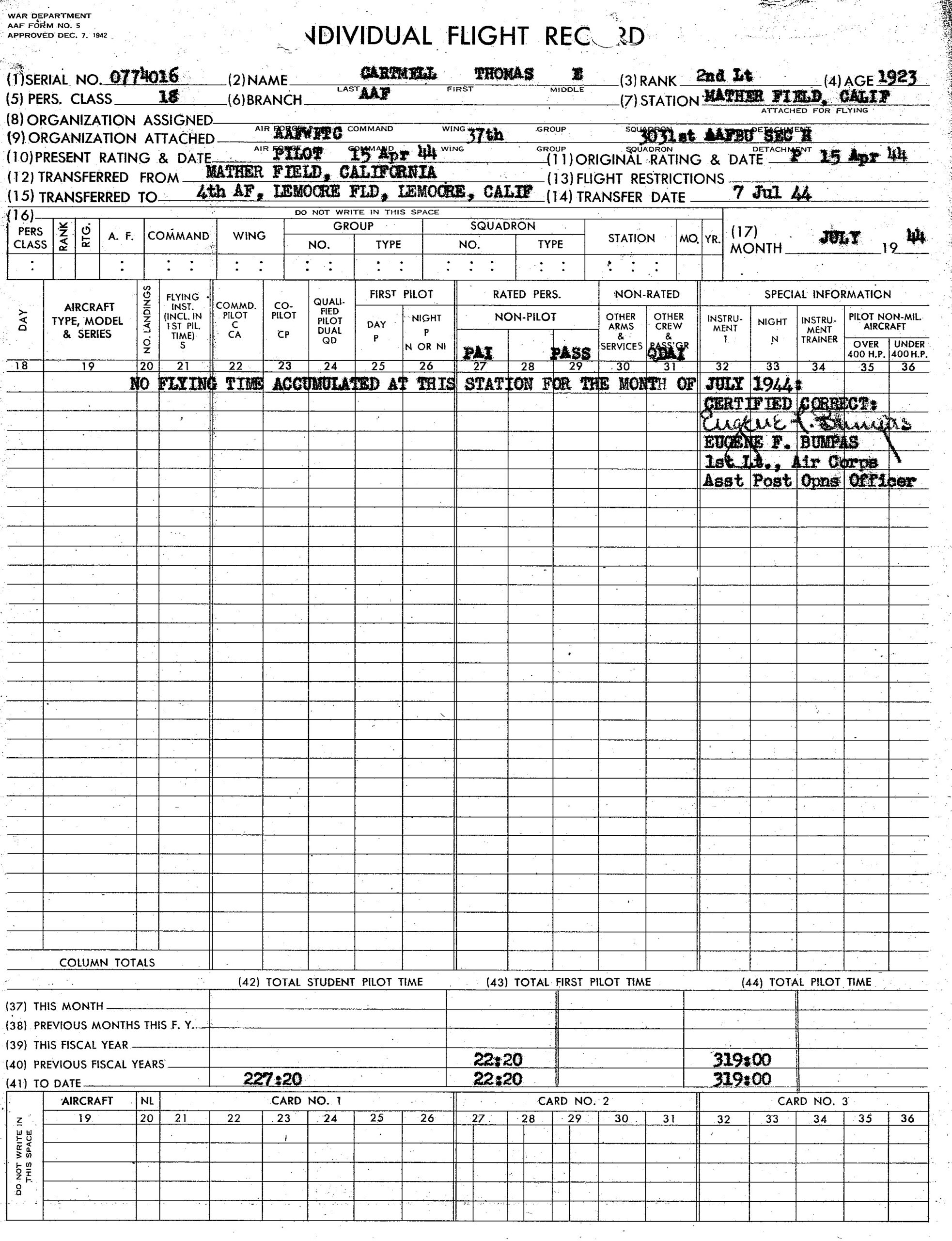 AAF Form No 5 July 1944 2LT Thomas E Cartmell USAAF
