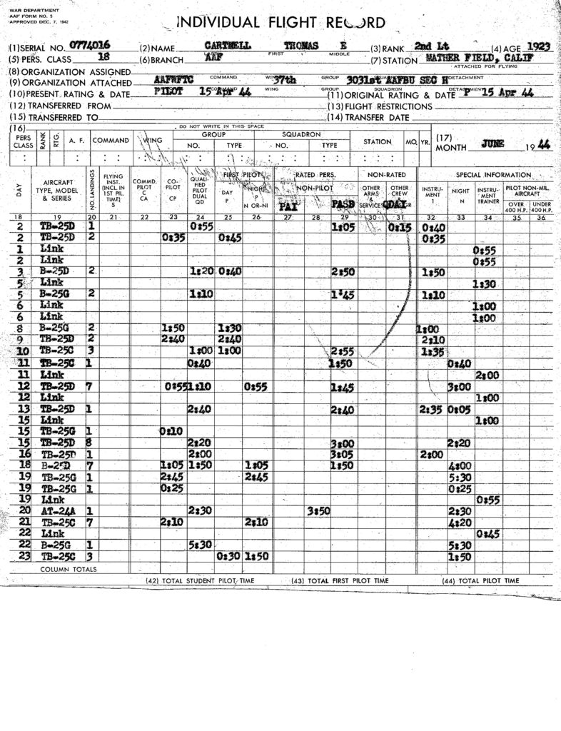 AAF Form No 5 June 1944 2LT Thomas E Cartmell USAAF