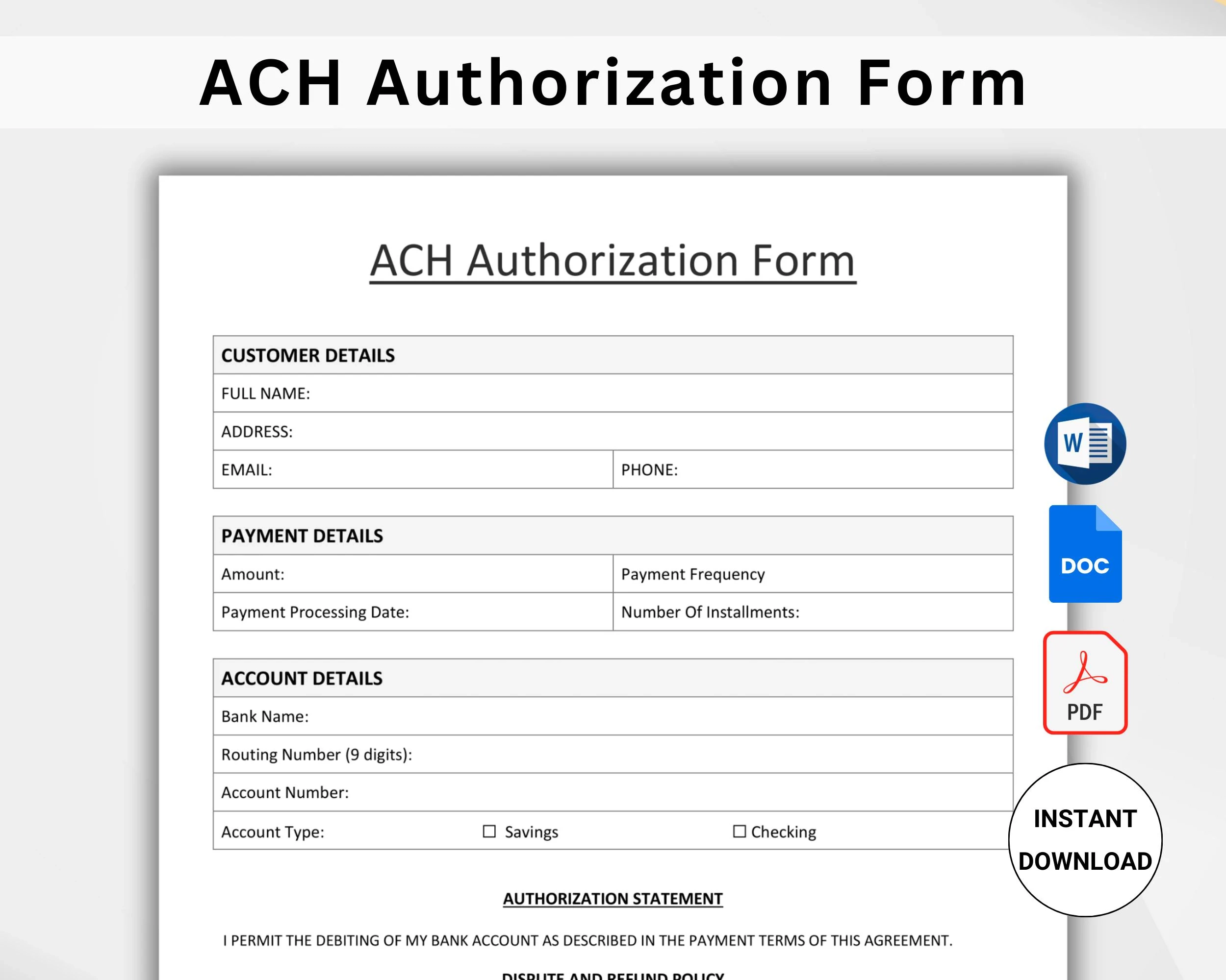 ACH Authorization Form Template Editable Debit Authorization For 