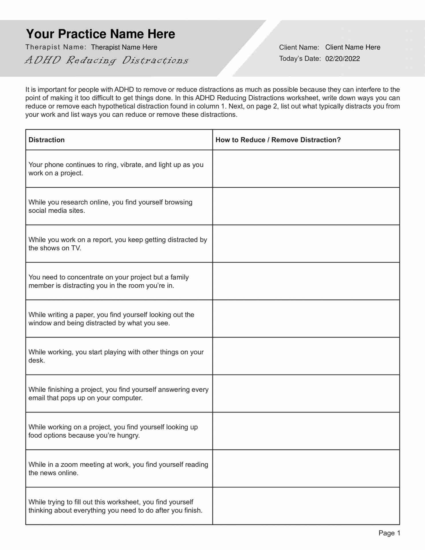 ADHD Reducing Distractions Worksheet PDF TherapyByPro