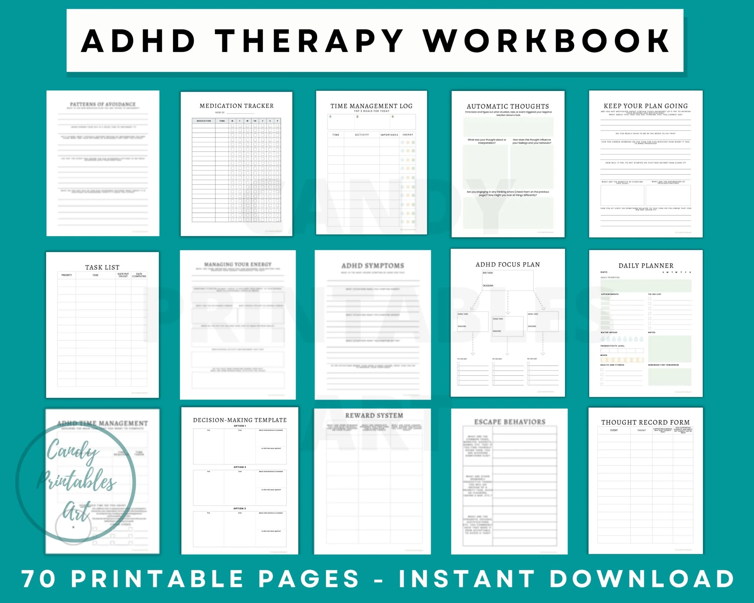 ADHD Therapy Workbook Executive Function Planner 70 Pages PDF 