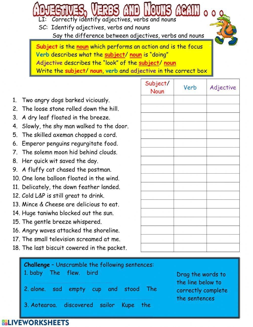 Adjectives Verbs And Nouns Again Worksheet Worksheets Library