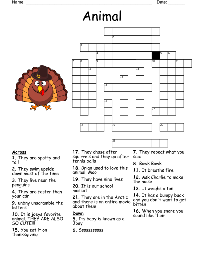 Free Kids Crossword Puzzles Printable Animals