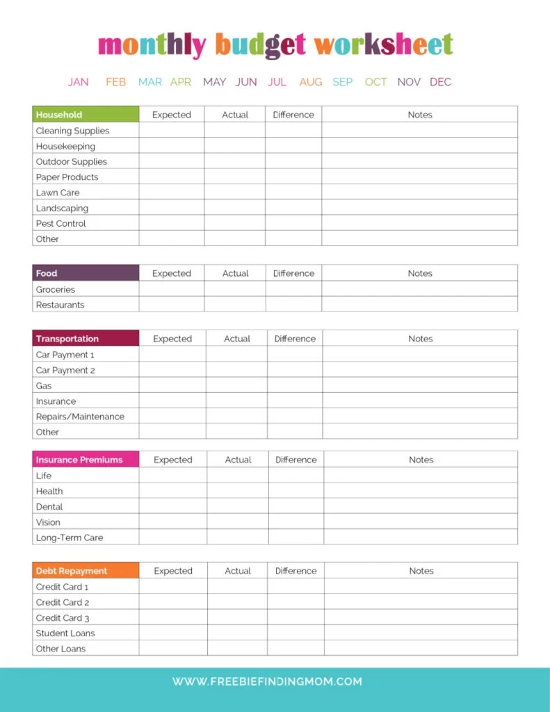 Printable Household Expense Worksheet