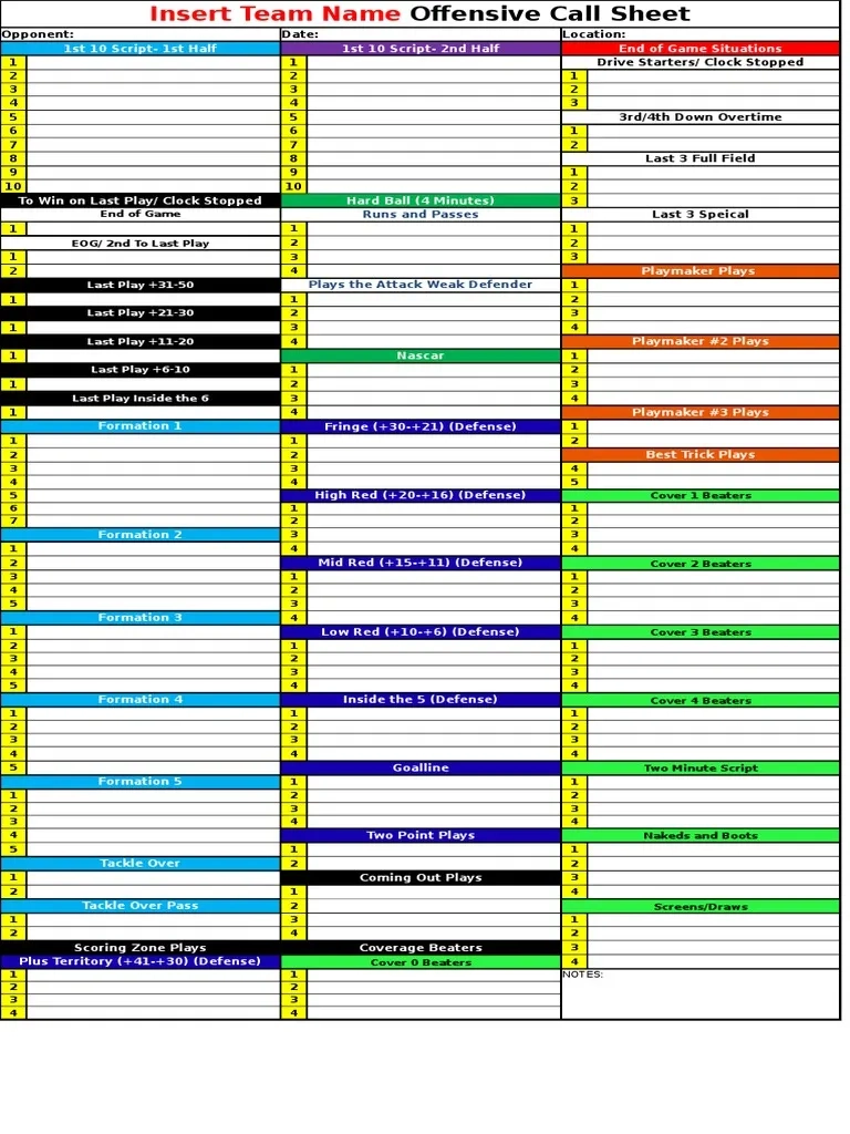 Blank Call Sheet PDF American Football National Football 