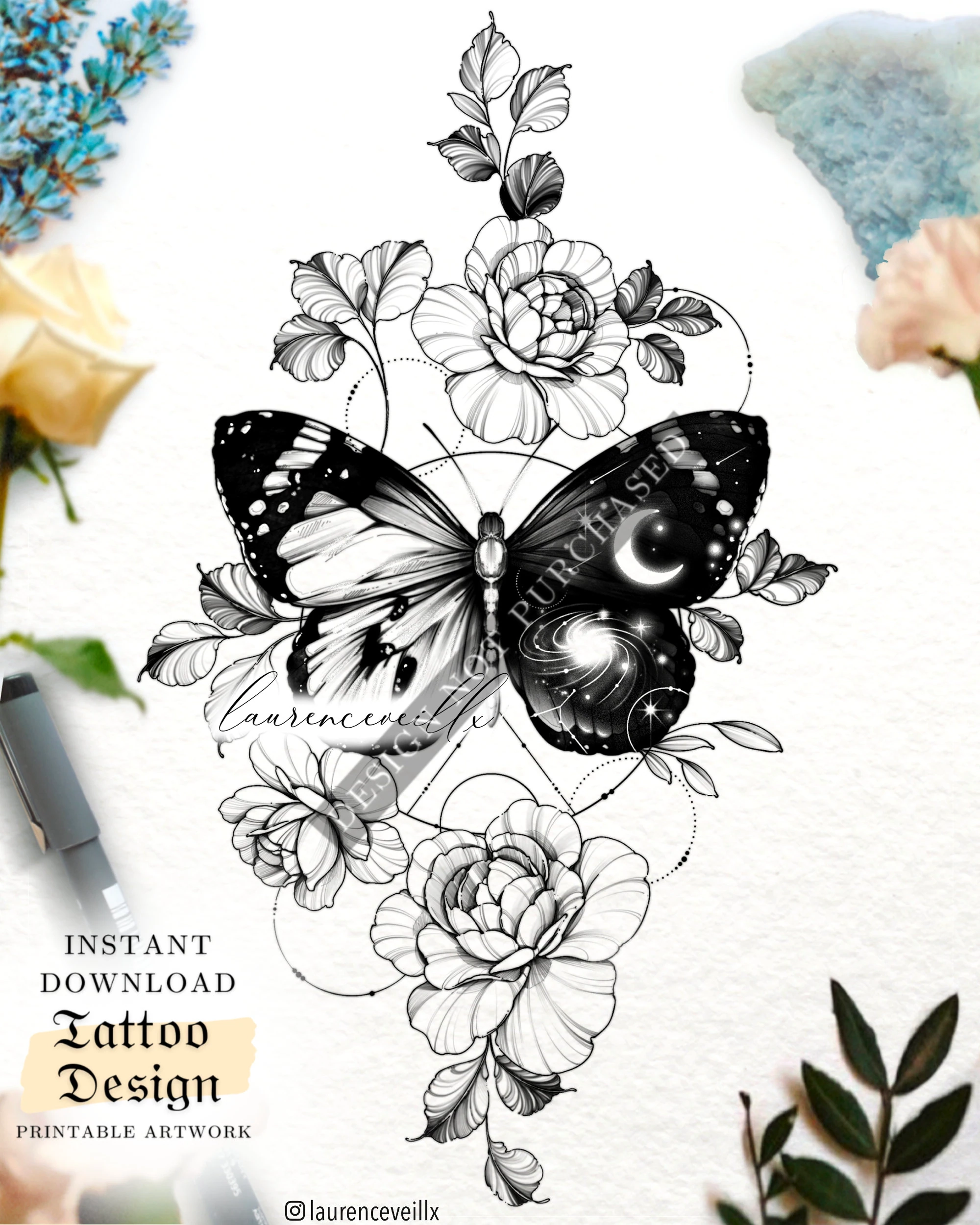 Butterfly Tattoo Design Women Galaxy Geometric Flower Floral 