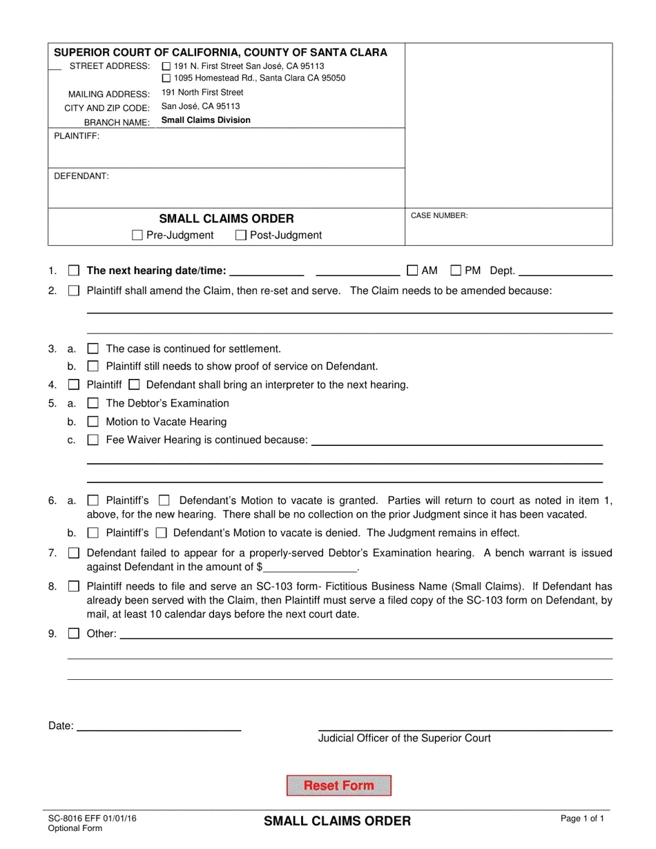 California Small Claims Court Form Sc 100 Printable