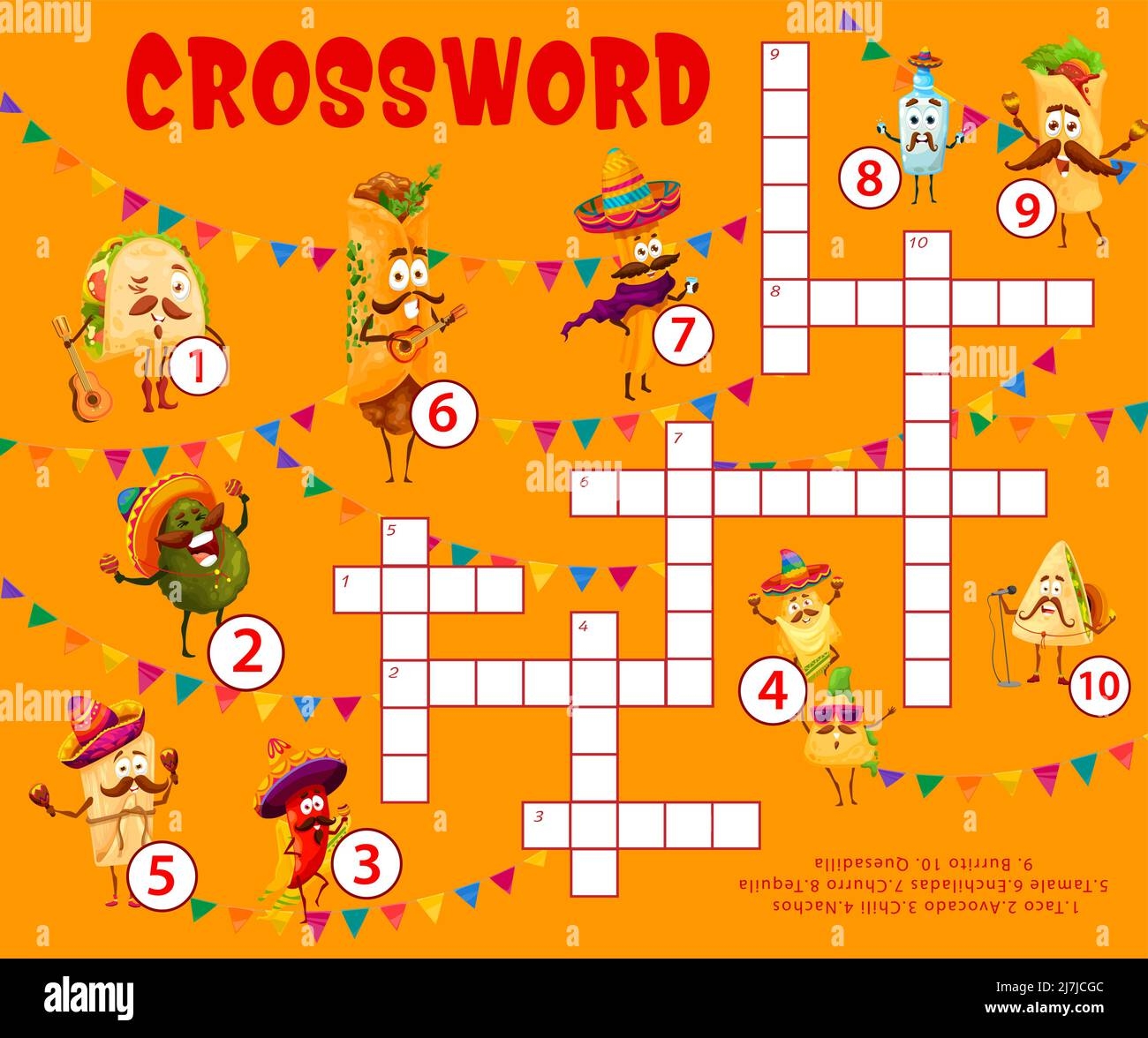 Cartoon Mexican Tex Mex Food Characters Crossword Puzzle Grid 