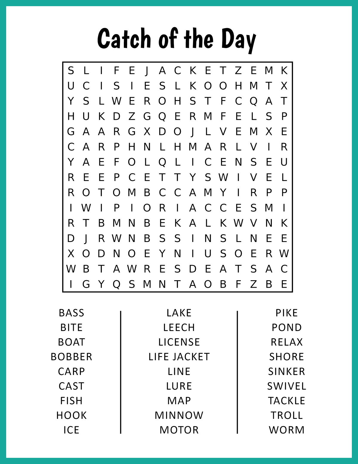 Catch Of The Day Word Search