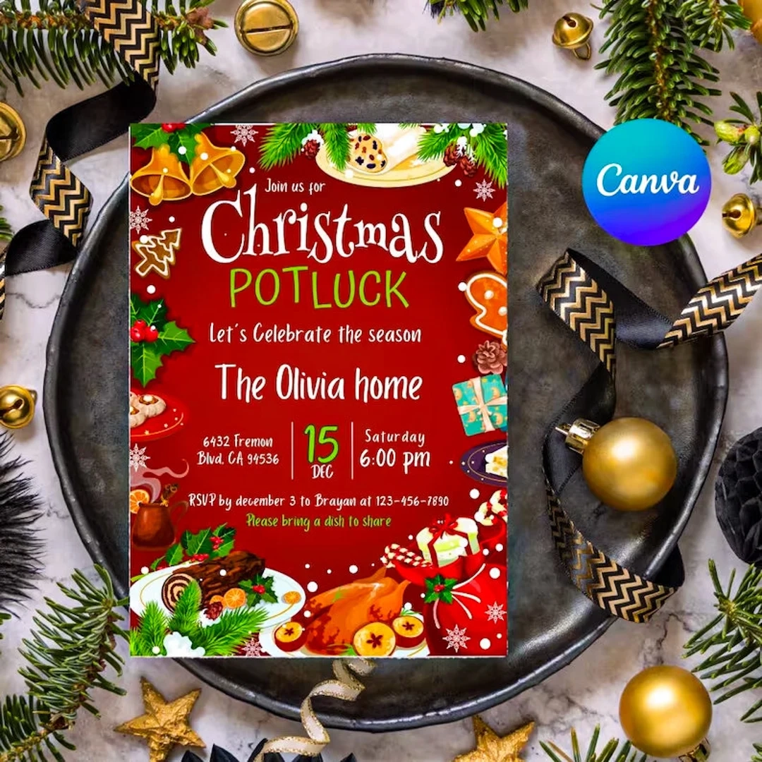 Christmas Potluck Editable Christmas Shared Invitation Template 