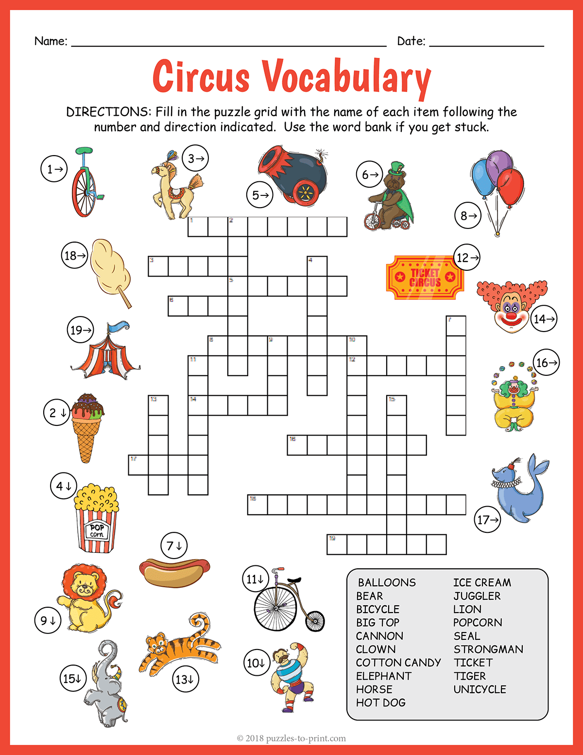 Circus Vocabulary Image Crossword