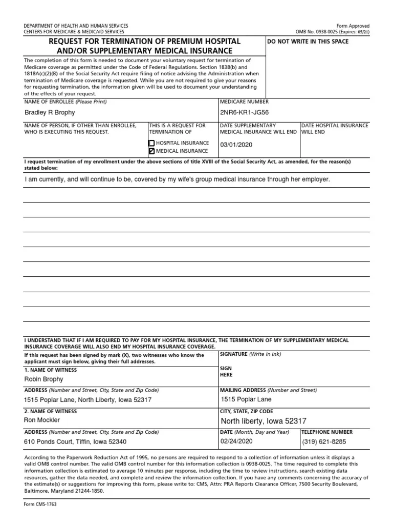 CMS 1763 Request For Termination Of Supplementary Medical 